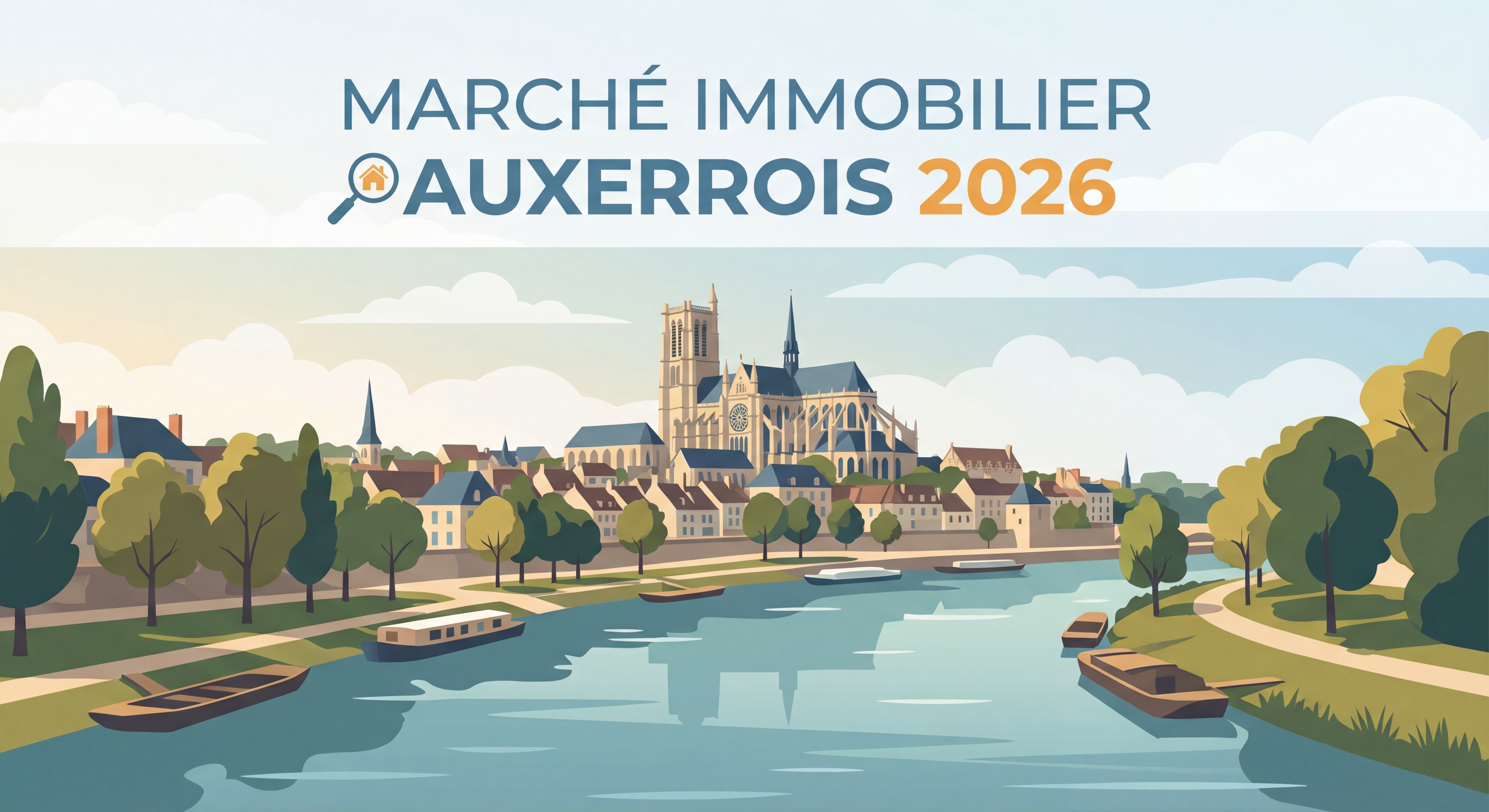 Vue panoramique d'Auxerre et de la cathédrale Saint-Étienne au bord de l'Yonne, marché immobilier auxerrois 2026