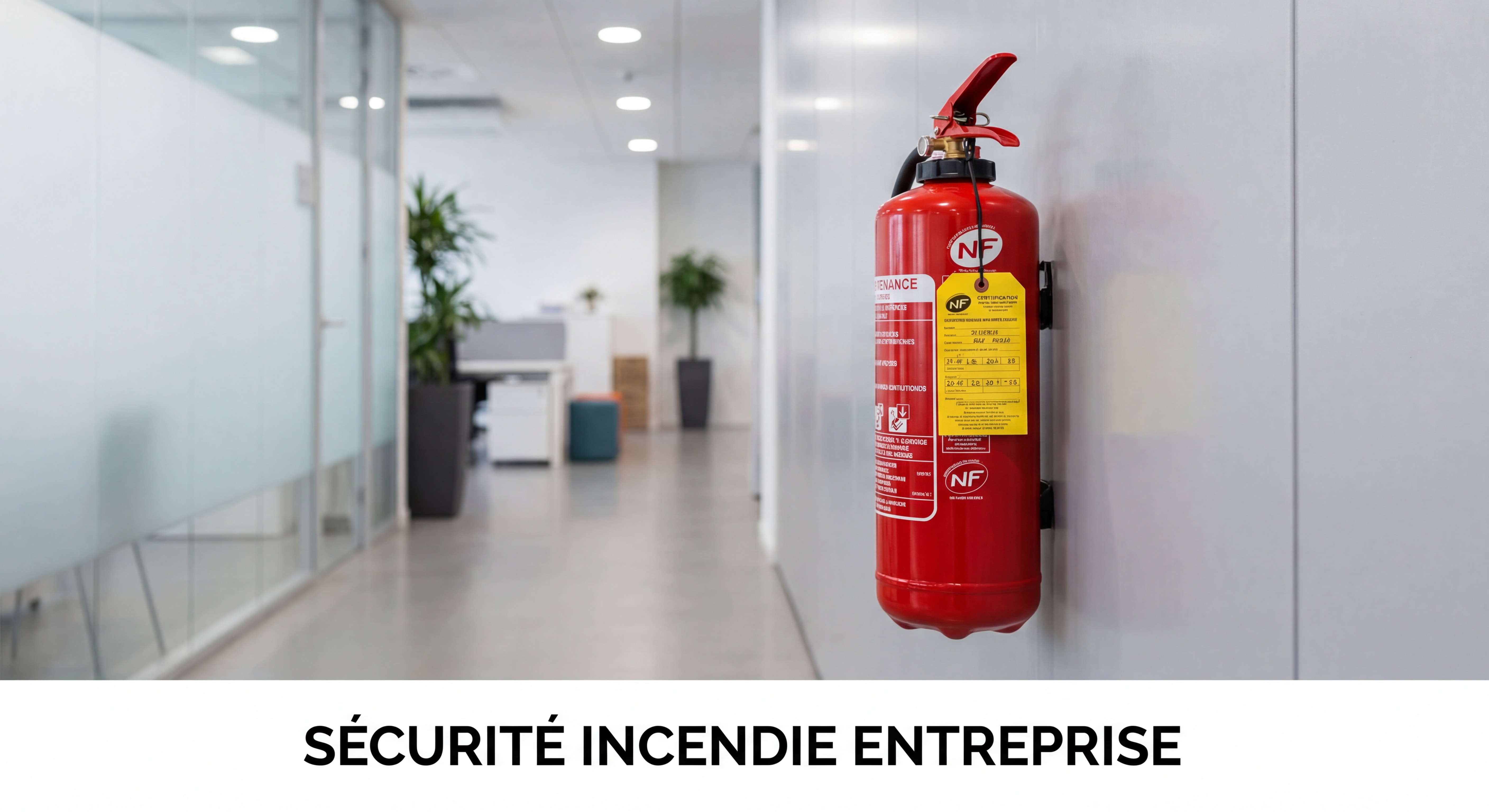 Extincteur rouge certifié NF installé dans un couloir professionnel, avec étiquette de maintenance visible — sécurité incendie entreprise