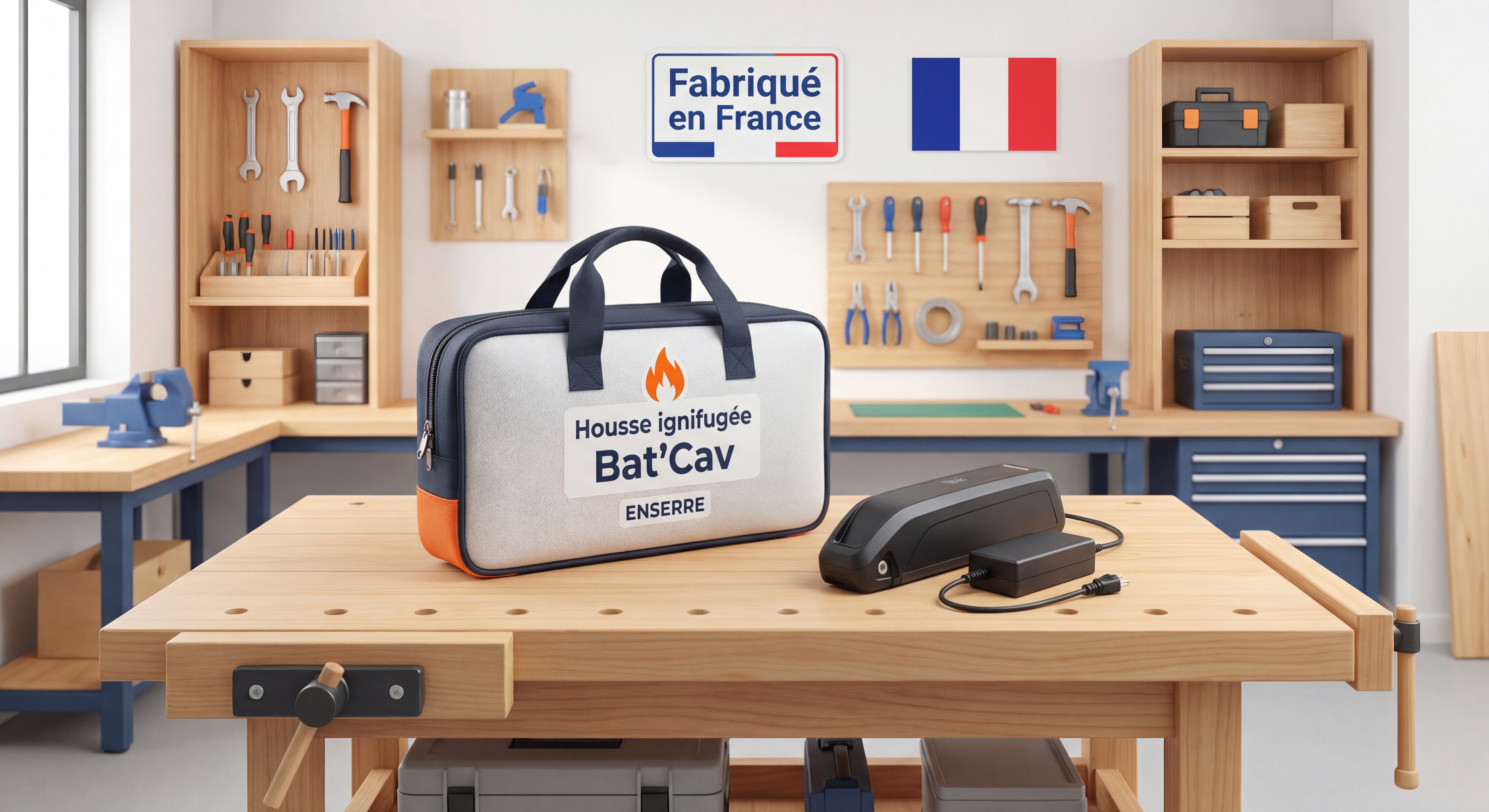 Housse ignifugée Bat'Cav ENSERRE posée sur un établi, avec une batterie de vélo électrique à côté, fond atelier Made in France