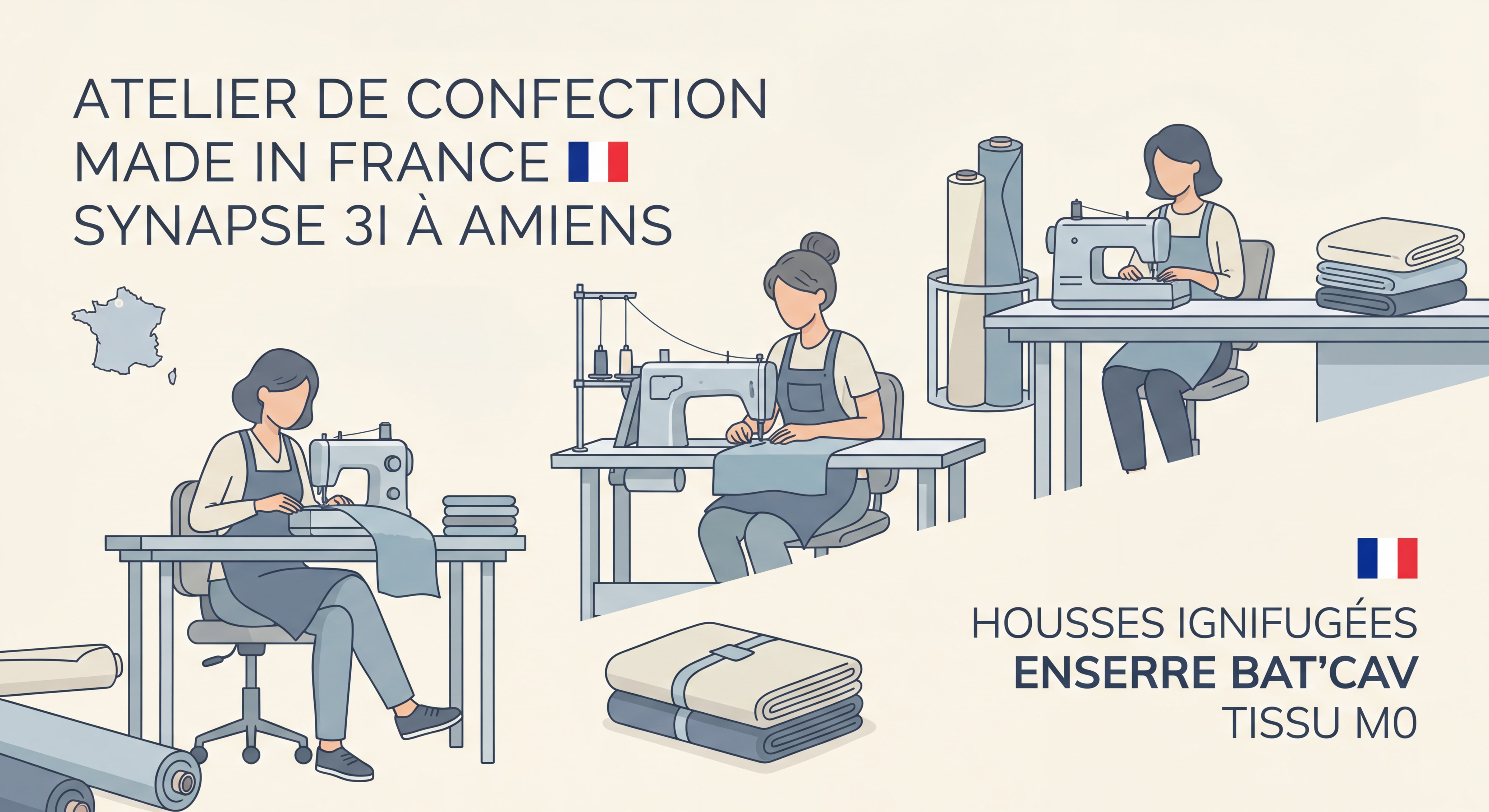 Atelier de confection Made in France SYNAPSE 3I à Amiens — couturières travaillant sur les housses ignifugées ENSERRE Bat'Cav avec tissu M0