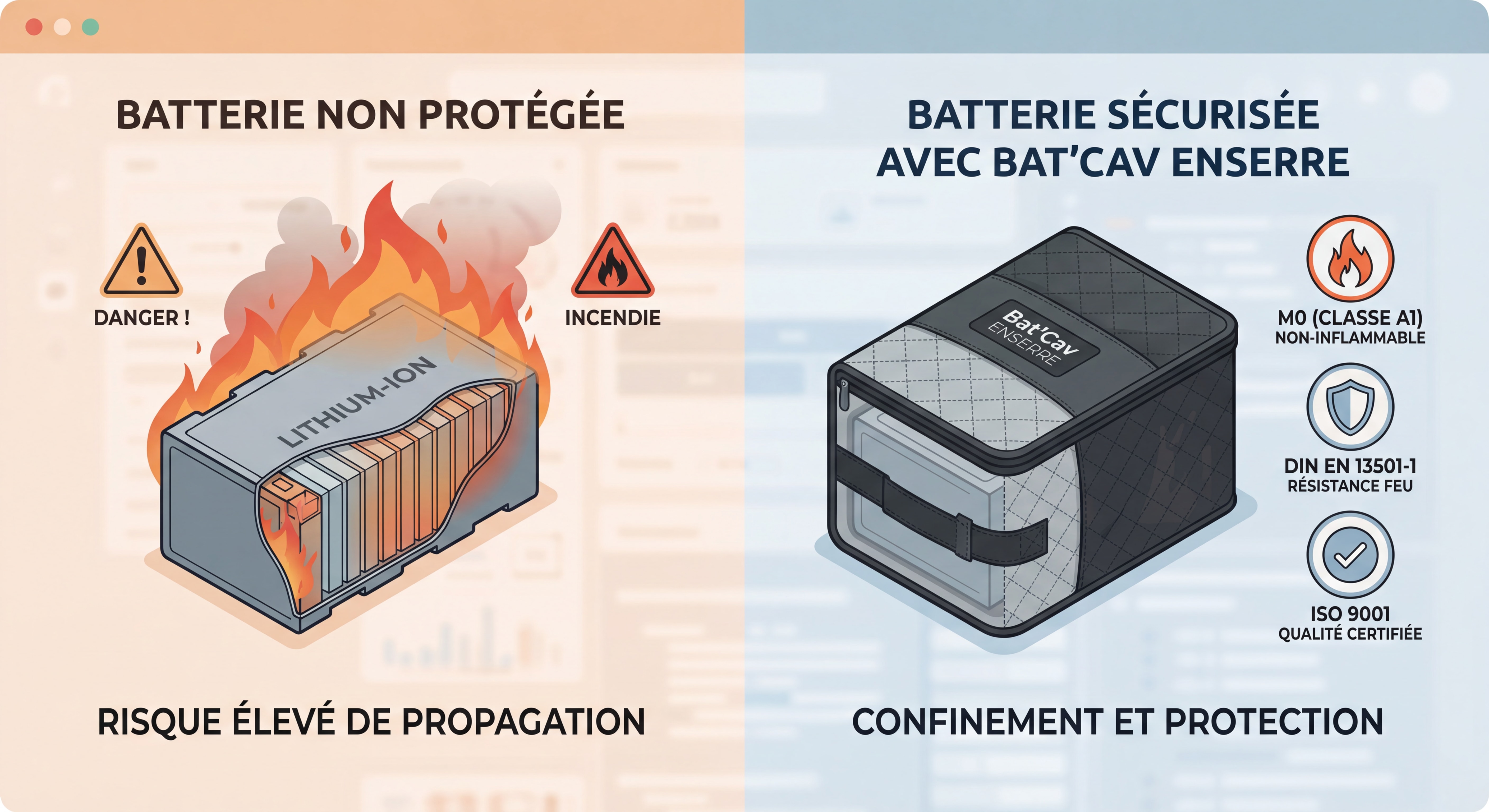 Infographie comparative montrant une batterie lithium en feu sans protection vs la même batterie sécurisée dans une housse Bat'Cav ENSERRE avec les certifications M0 DIN ISO affichées
