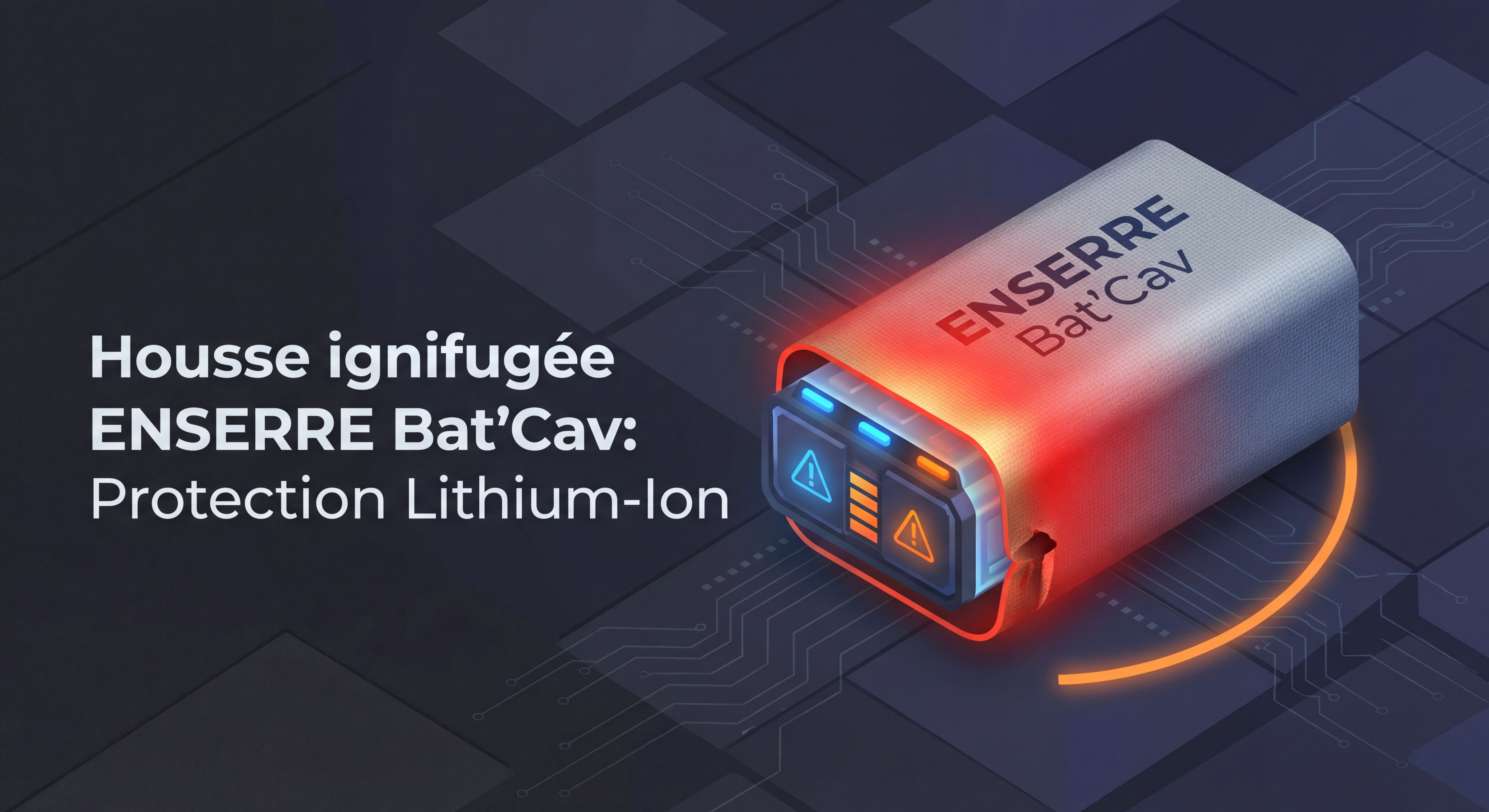 Housse ignifugée ENSERRE Bat'Cav protégeant une batterie lithium-ion contre l'emballement thermique, fond sombre dramatique