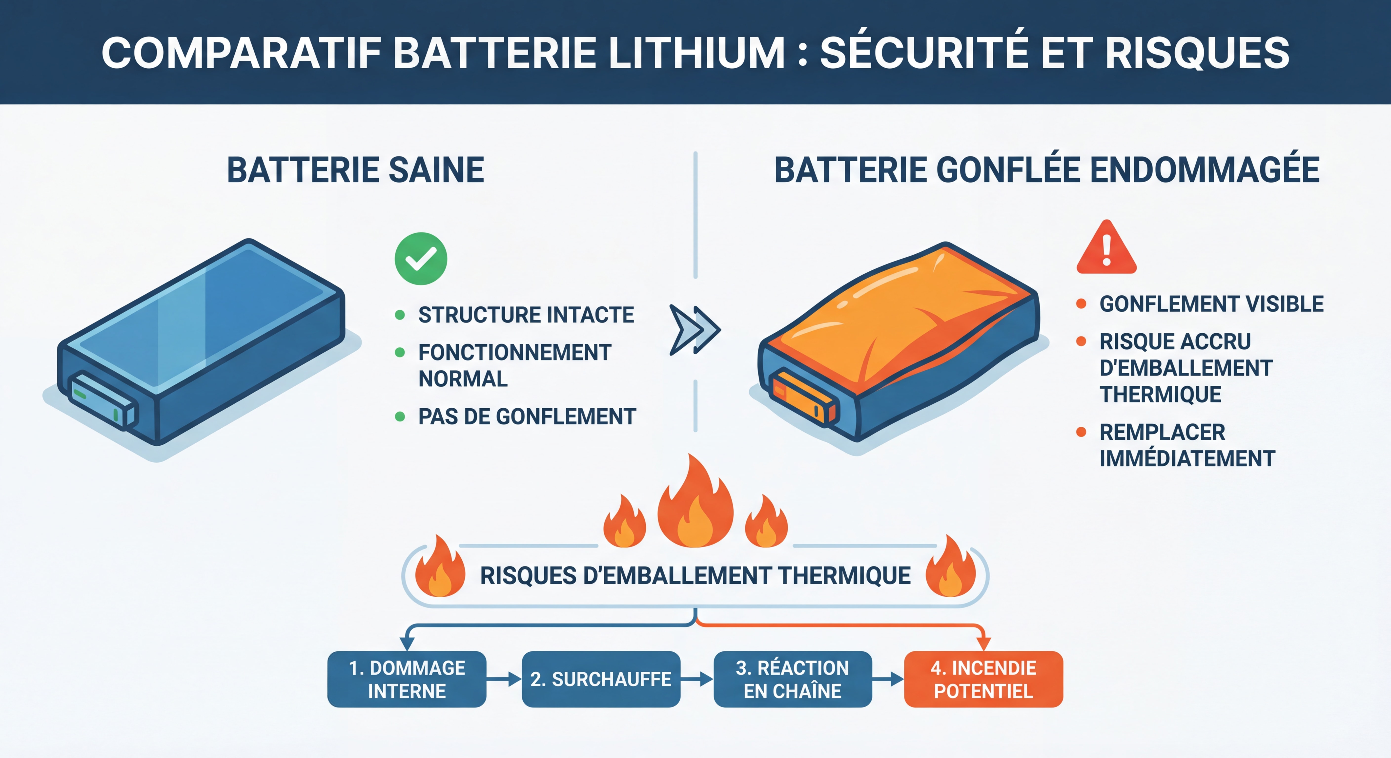 Comparaison batterie lithium saine vs batterie gonflée endommagée, infographie pédagogique sur les risques d'emballement thermique