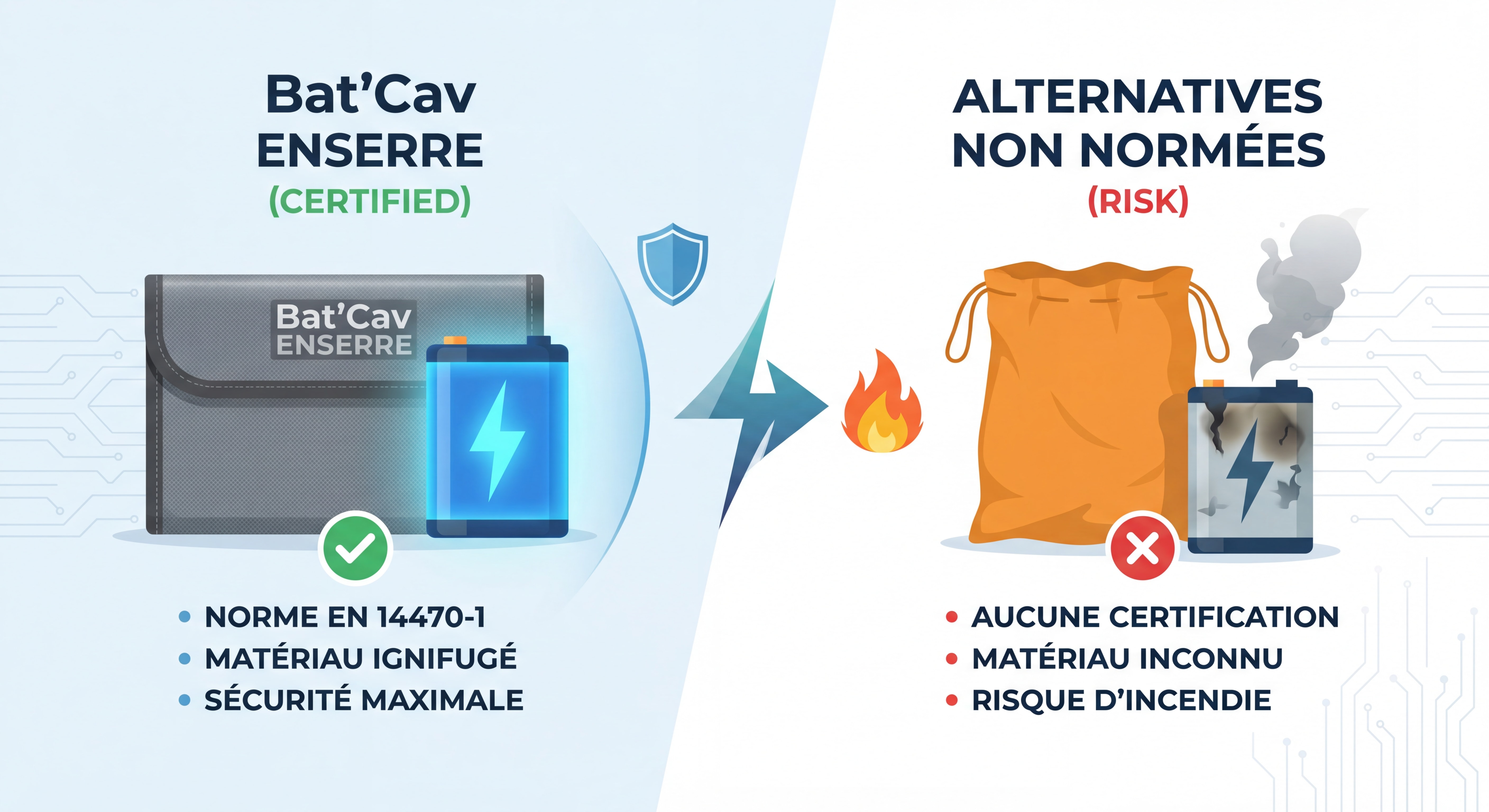 Comparaison visuelle des solutions de protection batterie lithium : housse ignifugée Bat'Cav ENSERRE vs solutions alternatives non normées