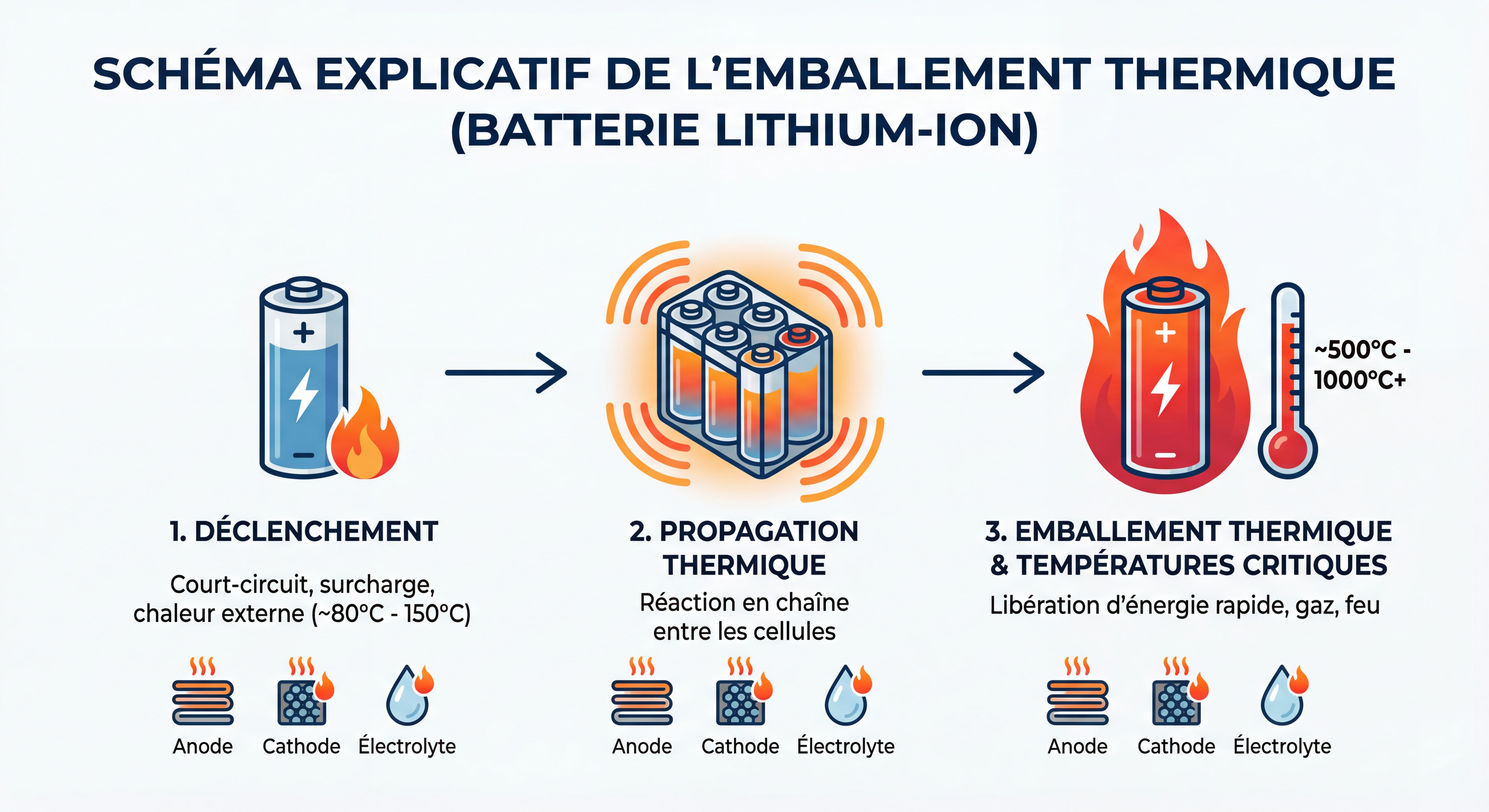 Schéma explicatif de l'emballement thermique d'une batterie lithium-ion avec les étapes de propagation thermique et les températures atteintes