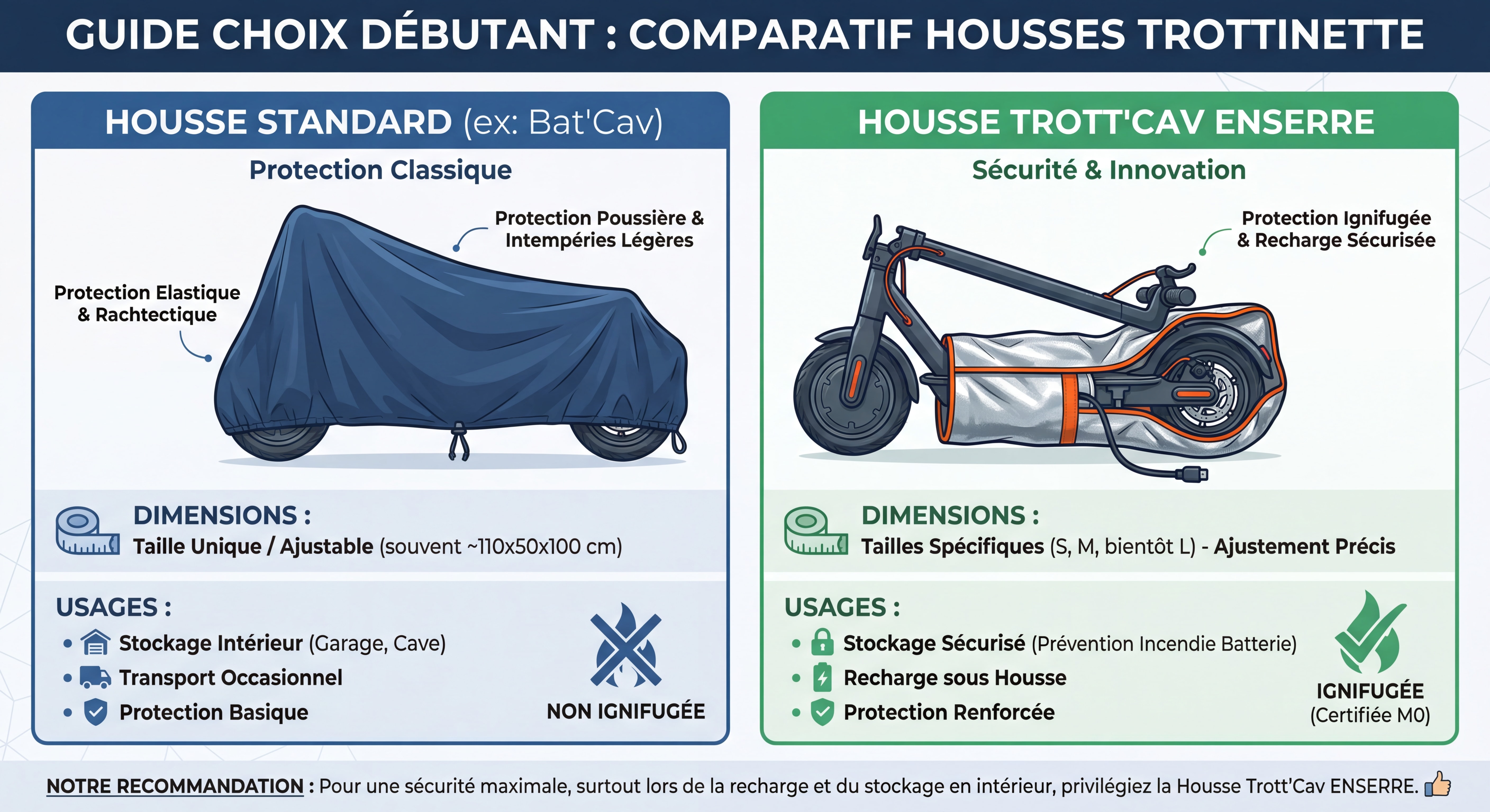 Comparaison côte à côte de la housse Bat'Cav et de la housse Trott'Cav ENSERRE avec leurs dimensions respectives et leurs usages — guide choix débutant