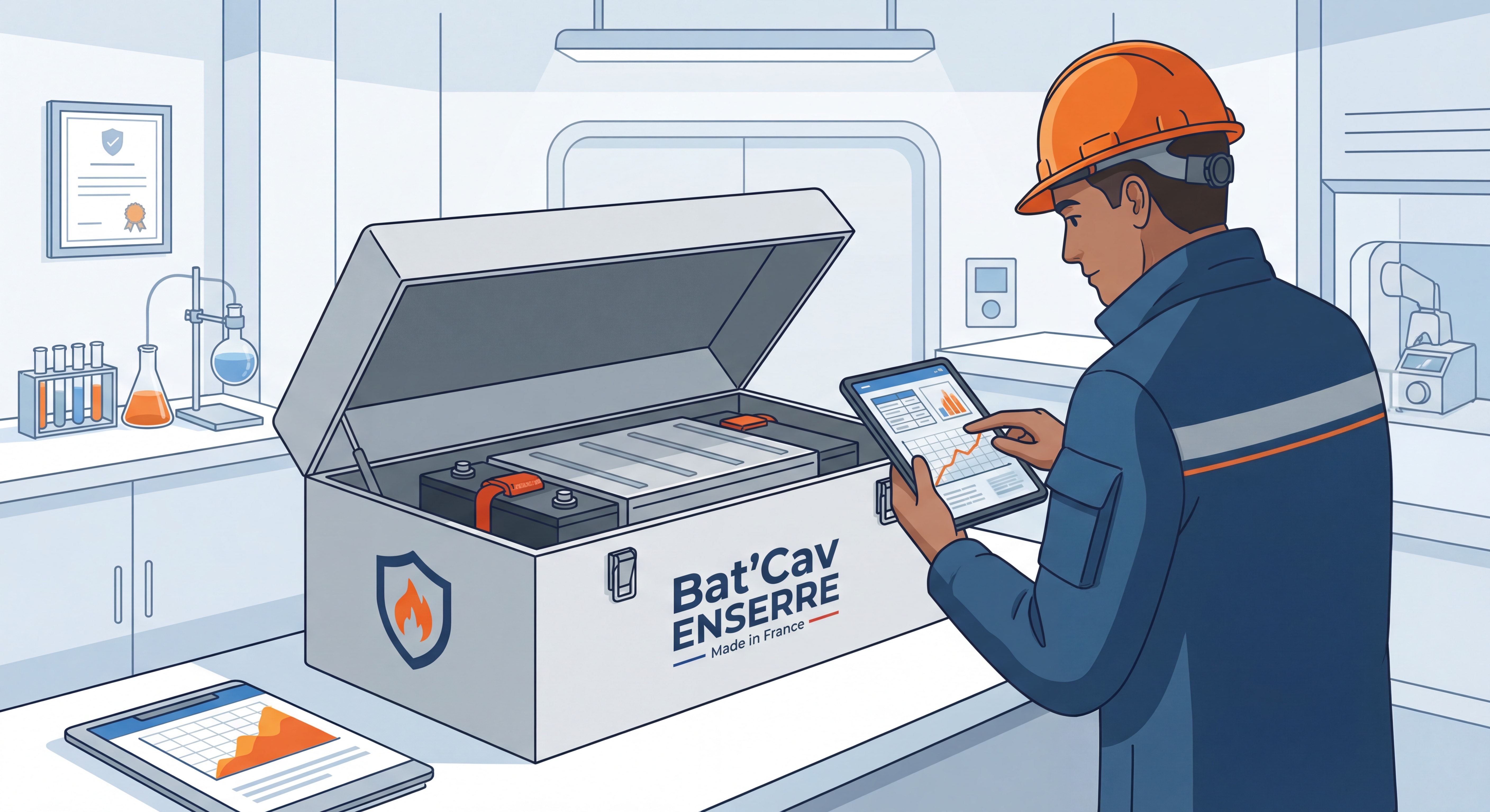 Expert en sécurité incendie analysant une housse ignifugée Bat'Cav ENSERRE pour batterie lithium Made in France