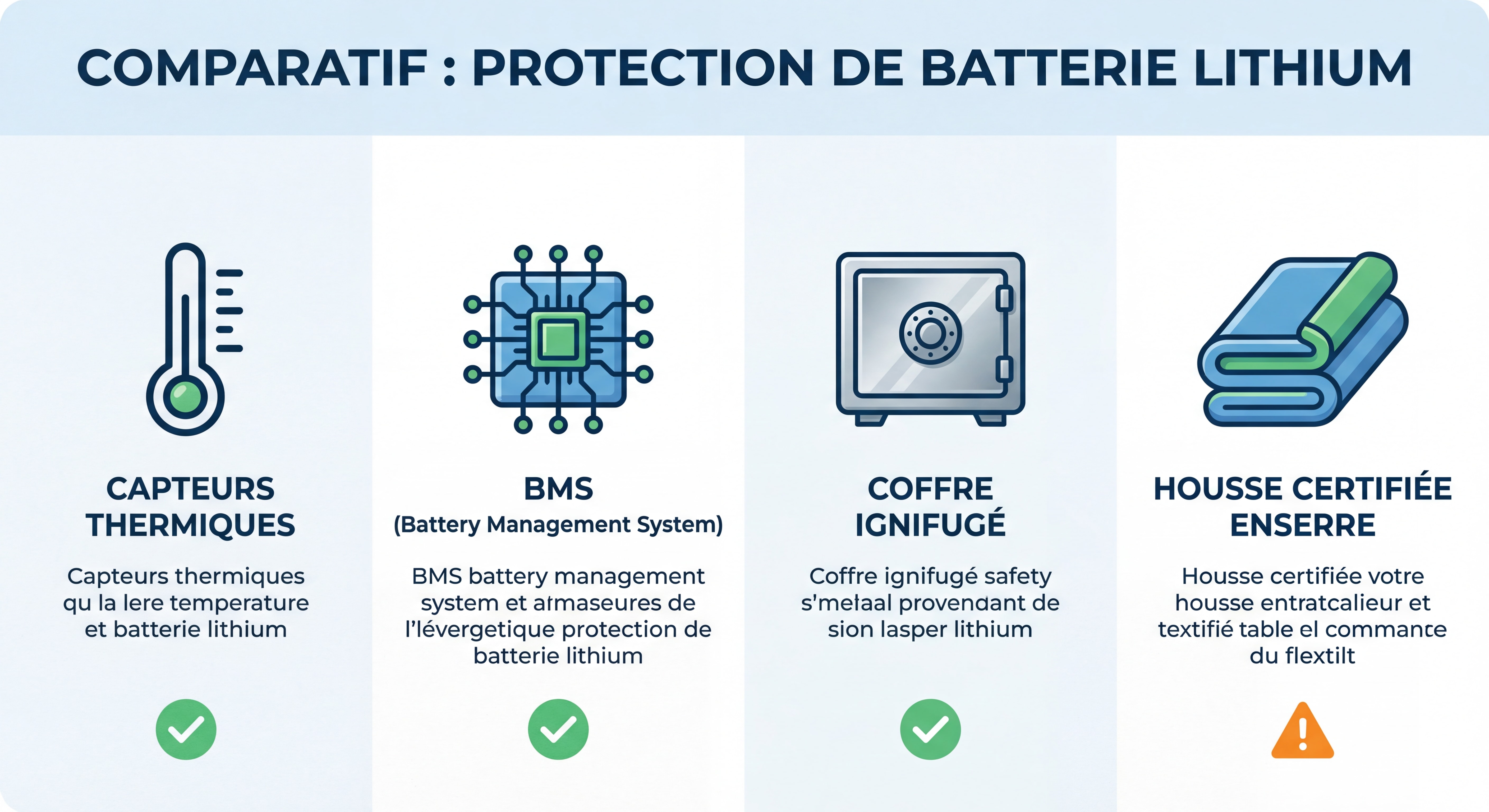 Schéma comparatif des 4 technologies de protection batterie lithium - capteurs thermiques, BMS, coffre ignifugé, housse certifiée ENSERRE