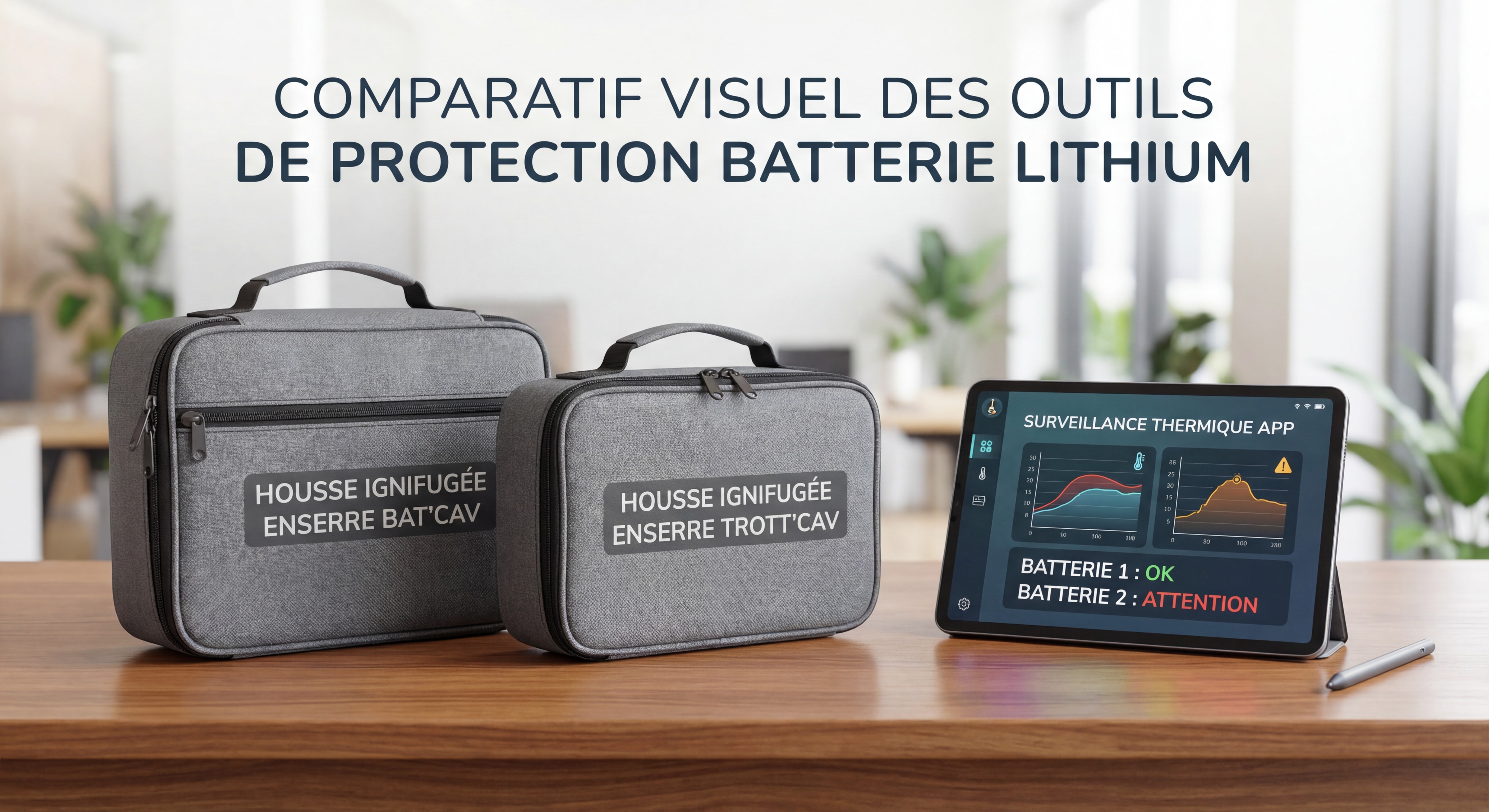 Comparatif visuel des outils et technologies de protection batterie lithium - housse ignifugée ENSERRE Bat'Cav et Trott'Cav posées à côté d'une tablette affichant une application de surveillance thermique