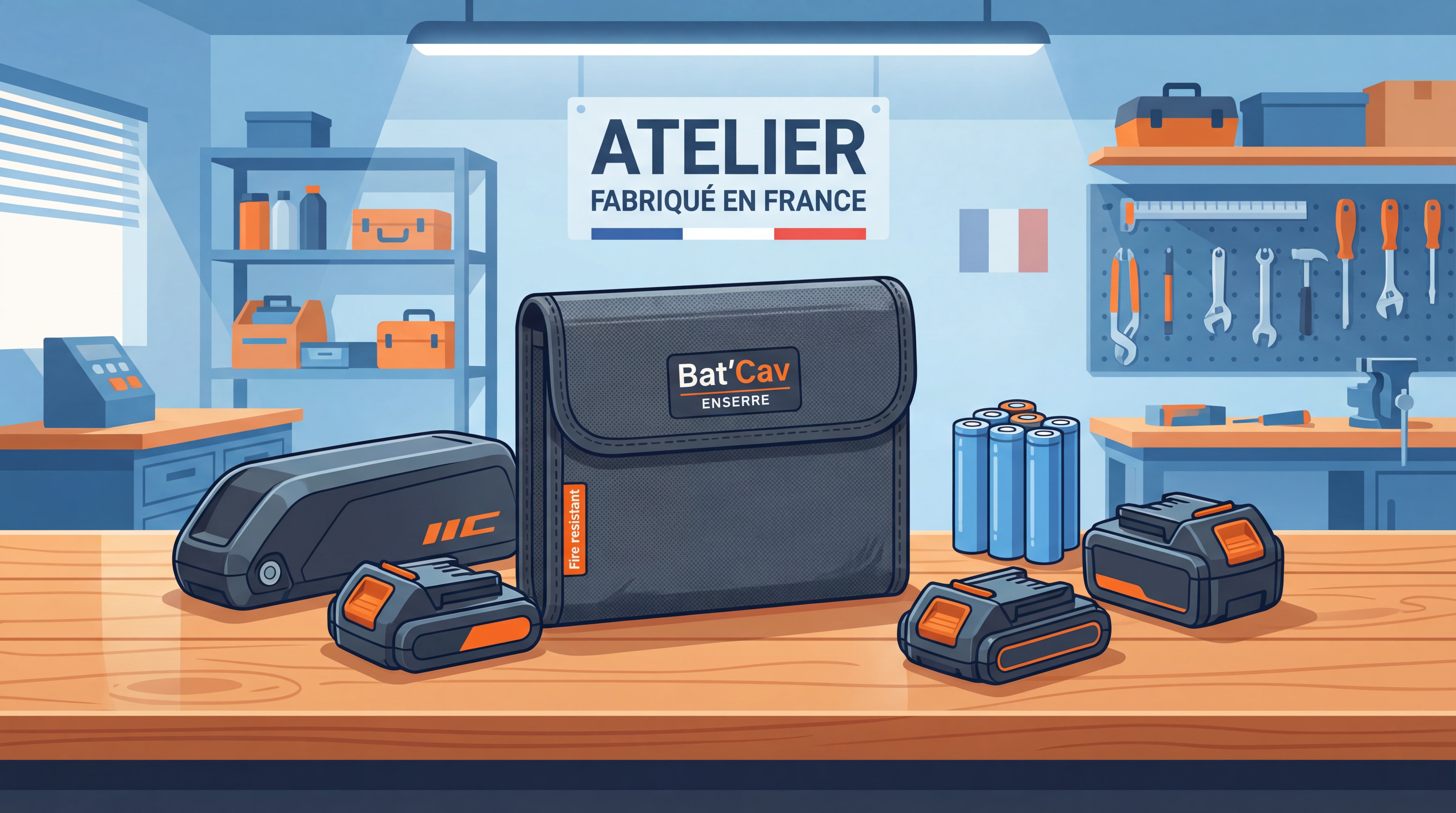 Housse ignifugée Bat'Cav ENSERRE posée sur un établi, entourée de batteries lithium-ion de différentes tailles, fond atelier Made in France