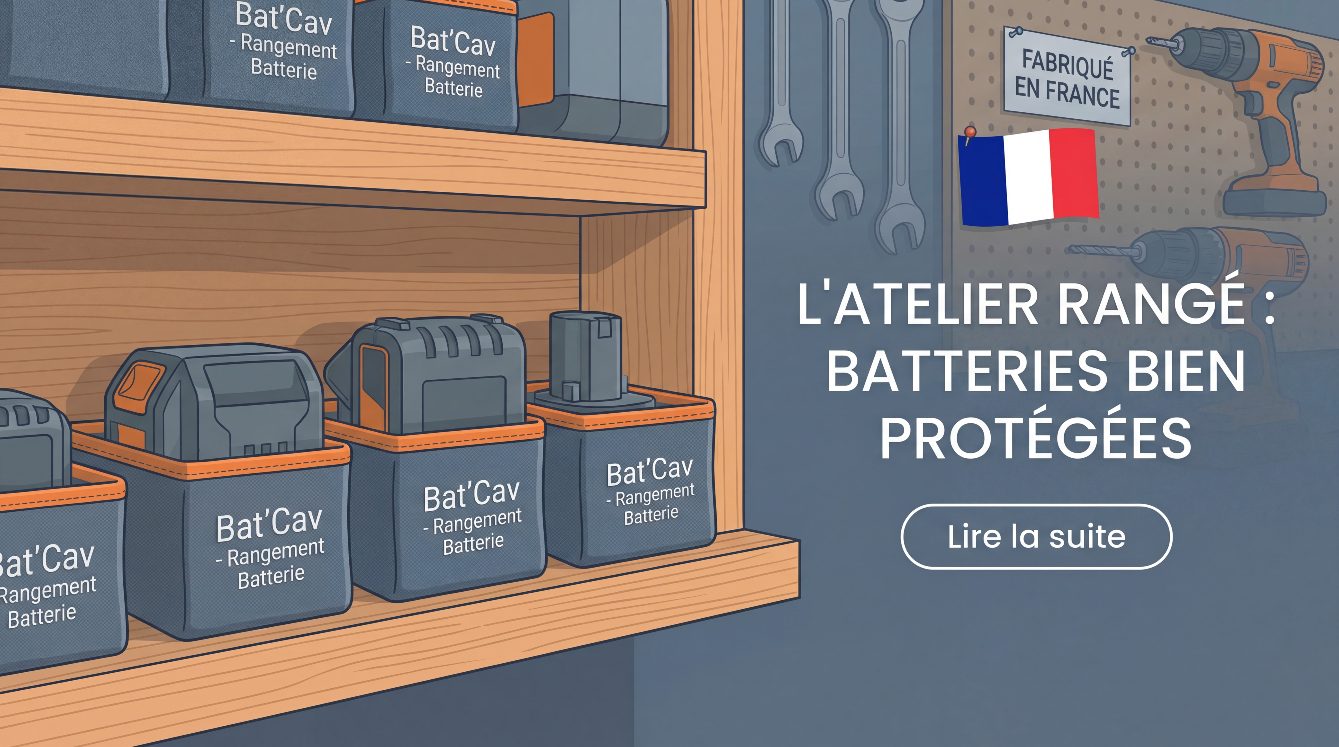 Batteries d'électroportatif rangées dans des housses Bat'Cav sur une étagère d'atelier de bricolage, ambiance garage Made in France