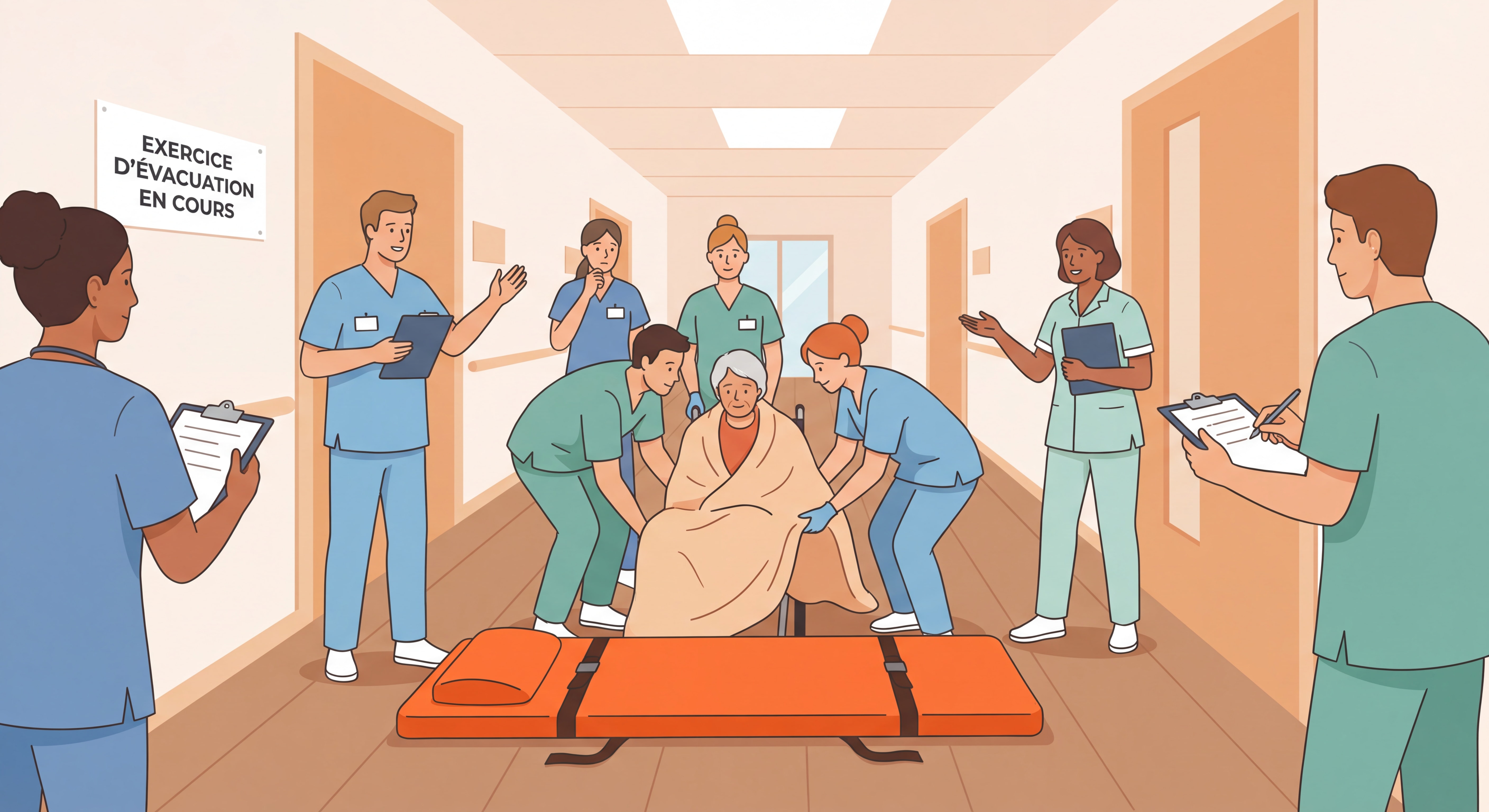 Personnel soignant participant à un exercice d'évacuation dans un couloir d'EHPAD, matelas d'évacuation visible au sol