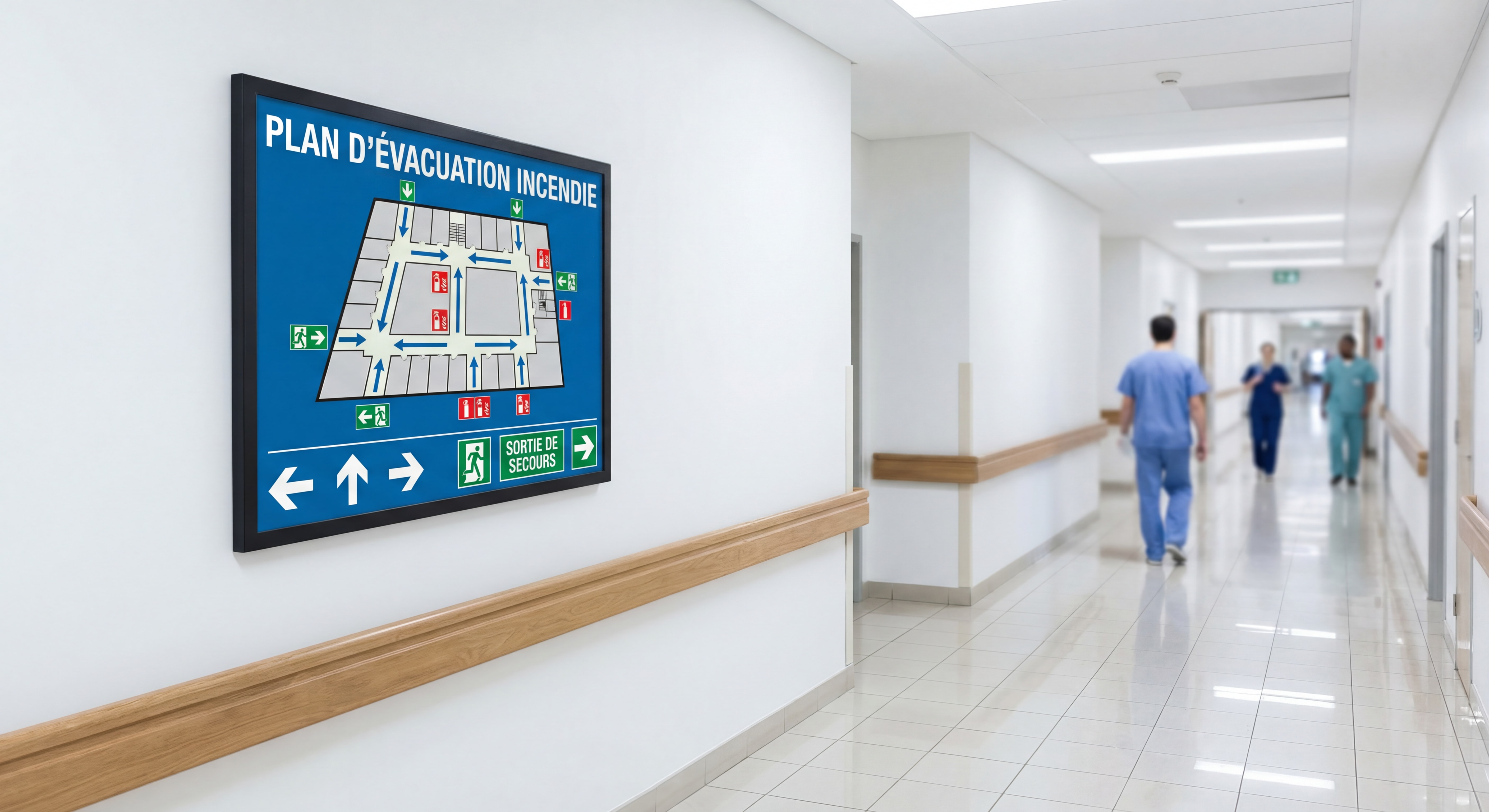 Plan d'évacuation incendie affiché dans un couloir d'établissement de santé avec flèches de direction et pictogrammes réglementaires