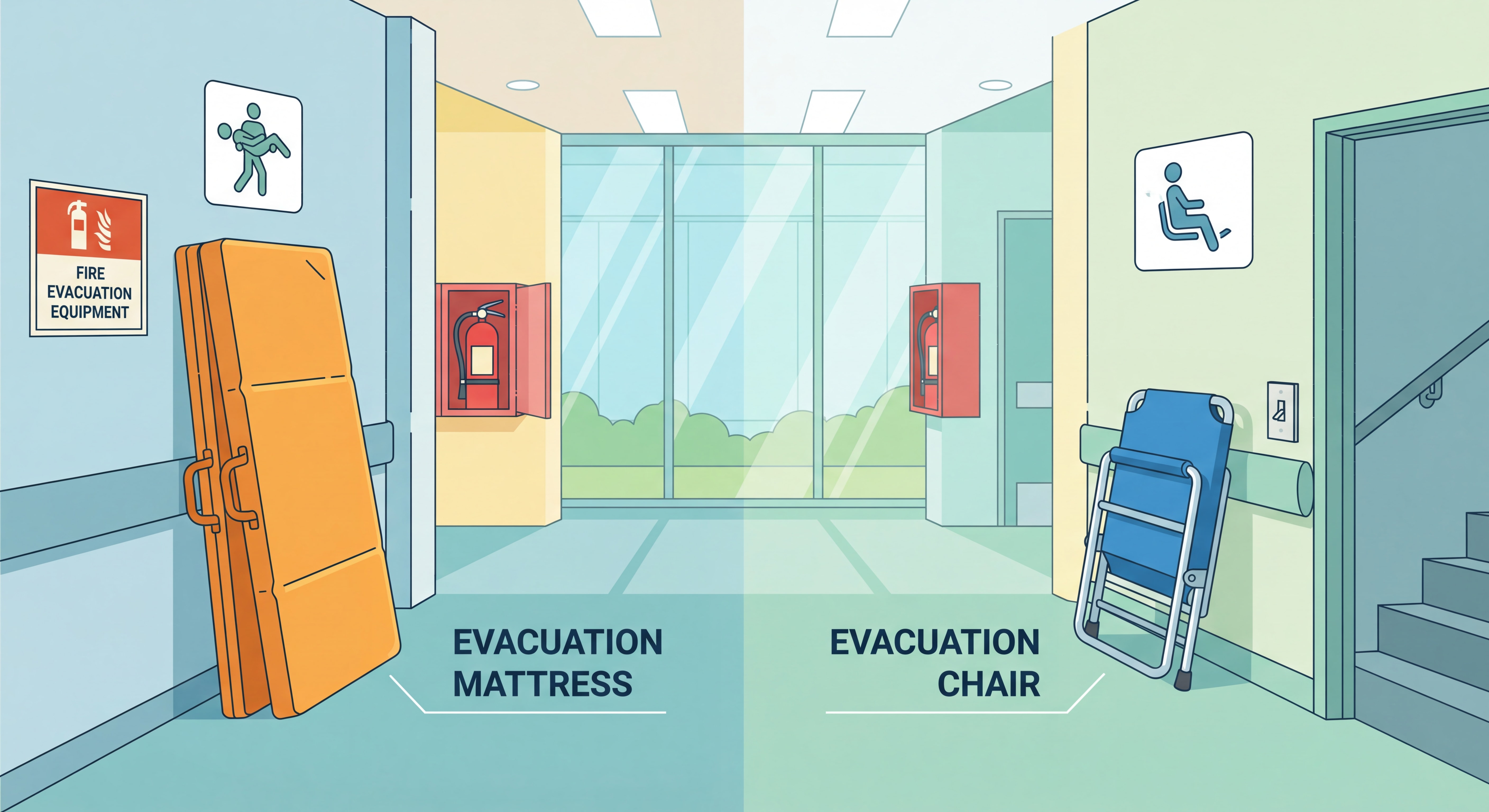 Matelas d'évacuation et chaise d'évacuation pour personnes à mobilité réduite dans un établissement de santé, matériel de sécurité incendie