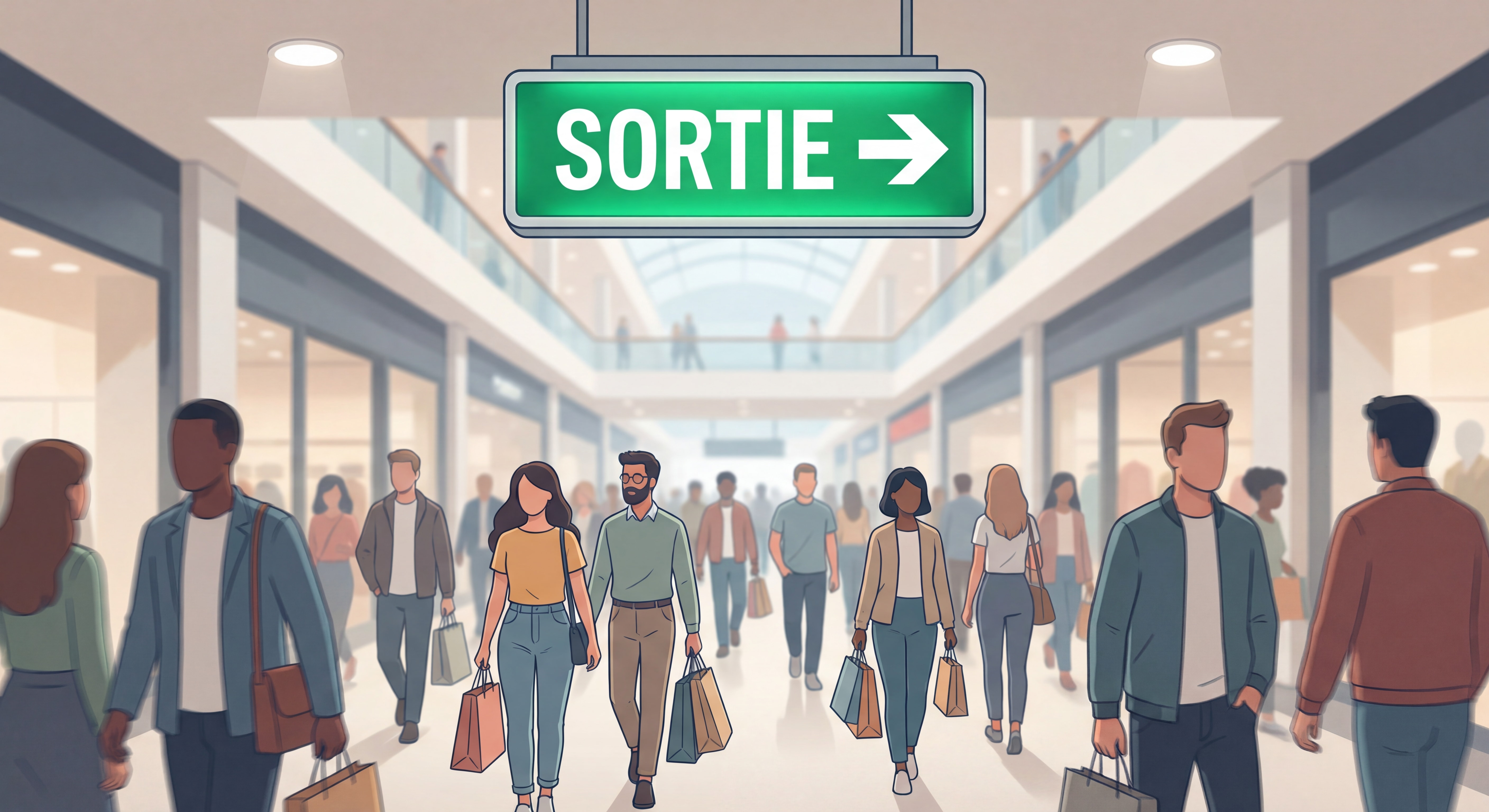 Panneau de sortie de secours vert dans un couloir de grande surface avec flèche directionnelle et foule de clients