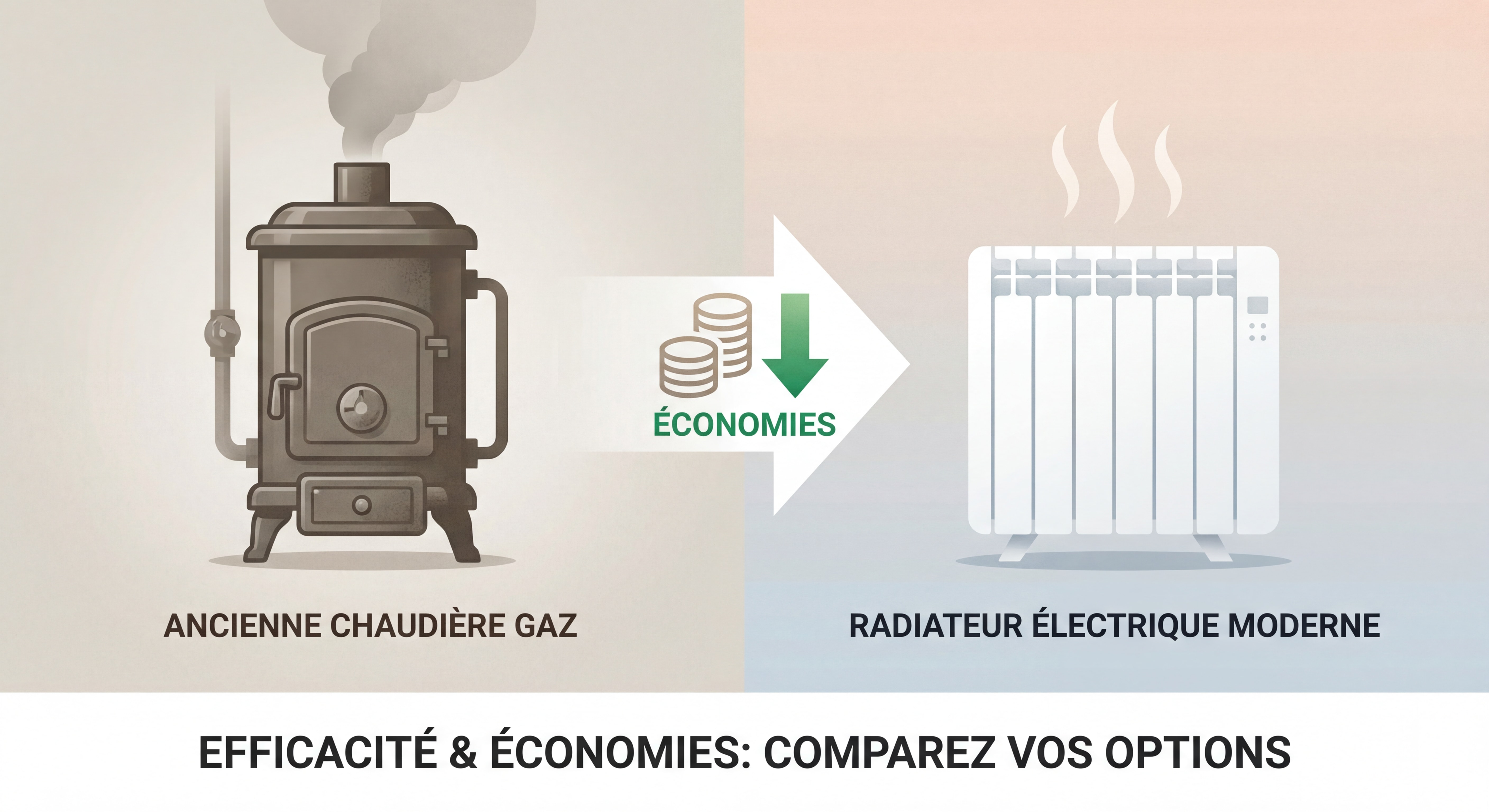 Comparaison visuelle entre une ancienne chaudière à gaz et un radiateur électrique à inertie moderne, économies à la clé