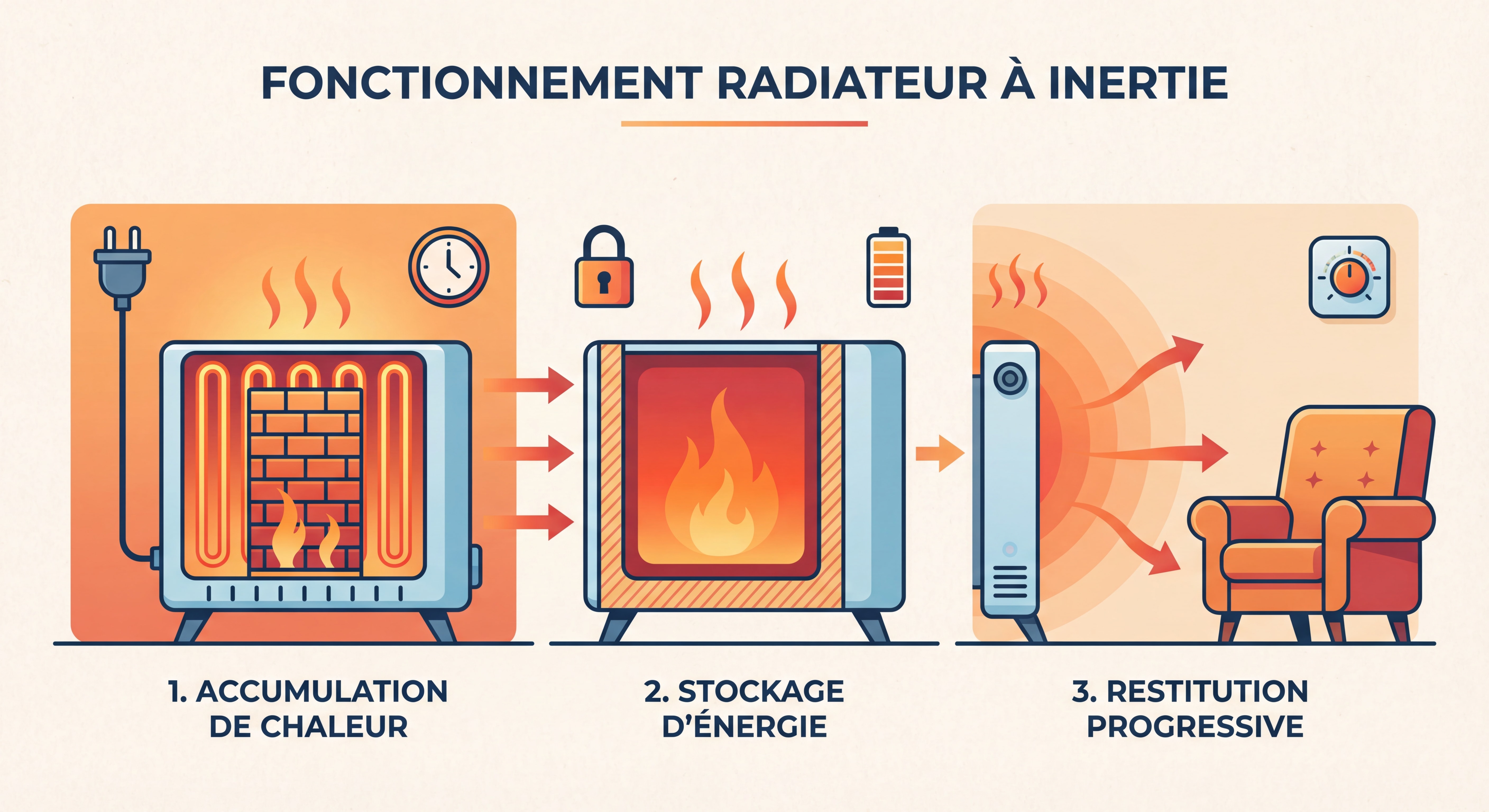 Schéma explicatif du fonctionnement d'un radiateur à inertie avec accumulation et restitution de chaleur