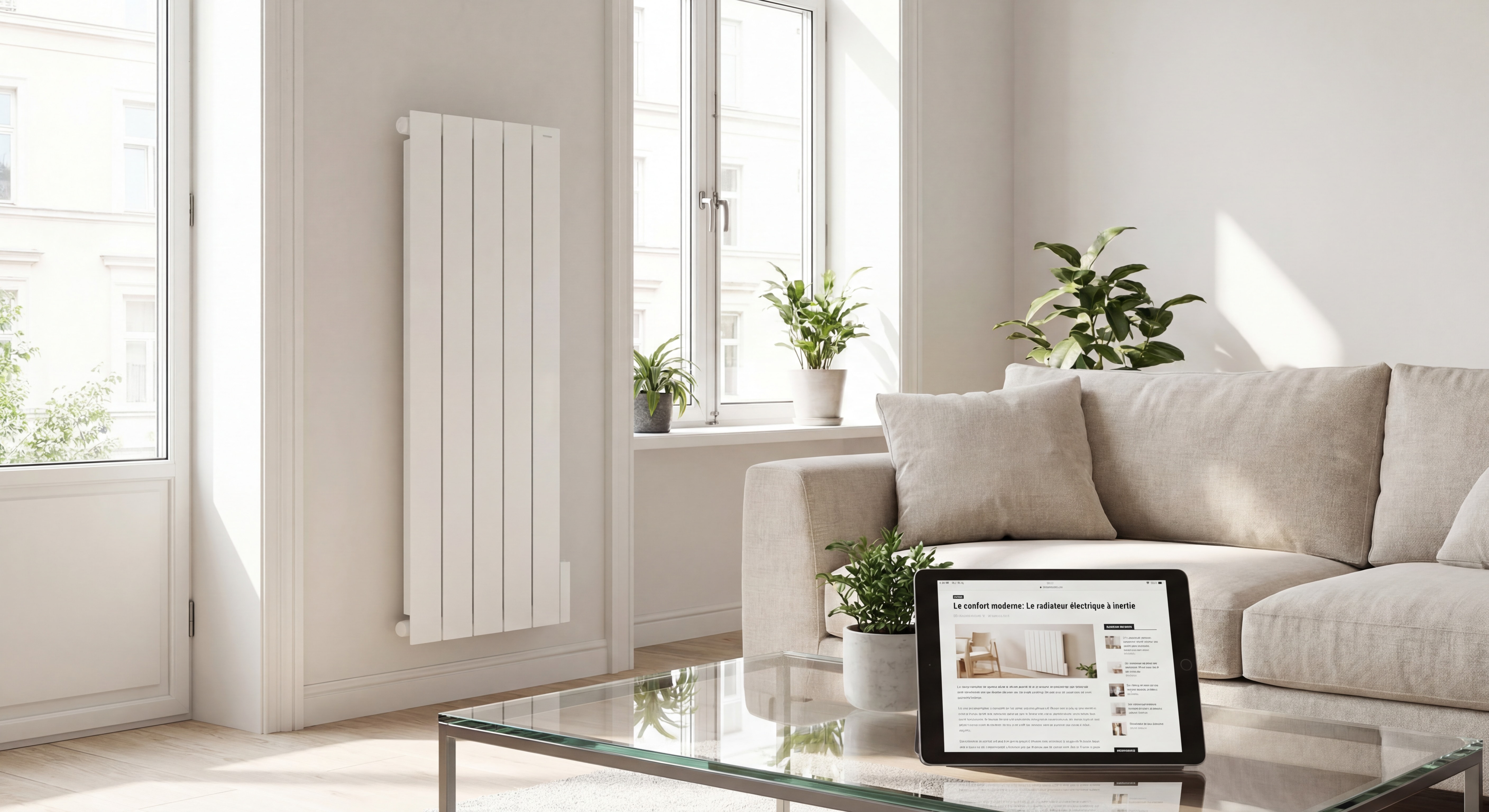Radiateur électrique à inertie blanc design installé dans un salon moderne et lumineux