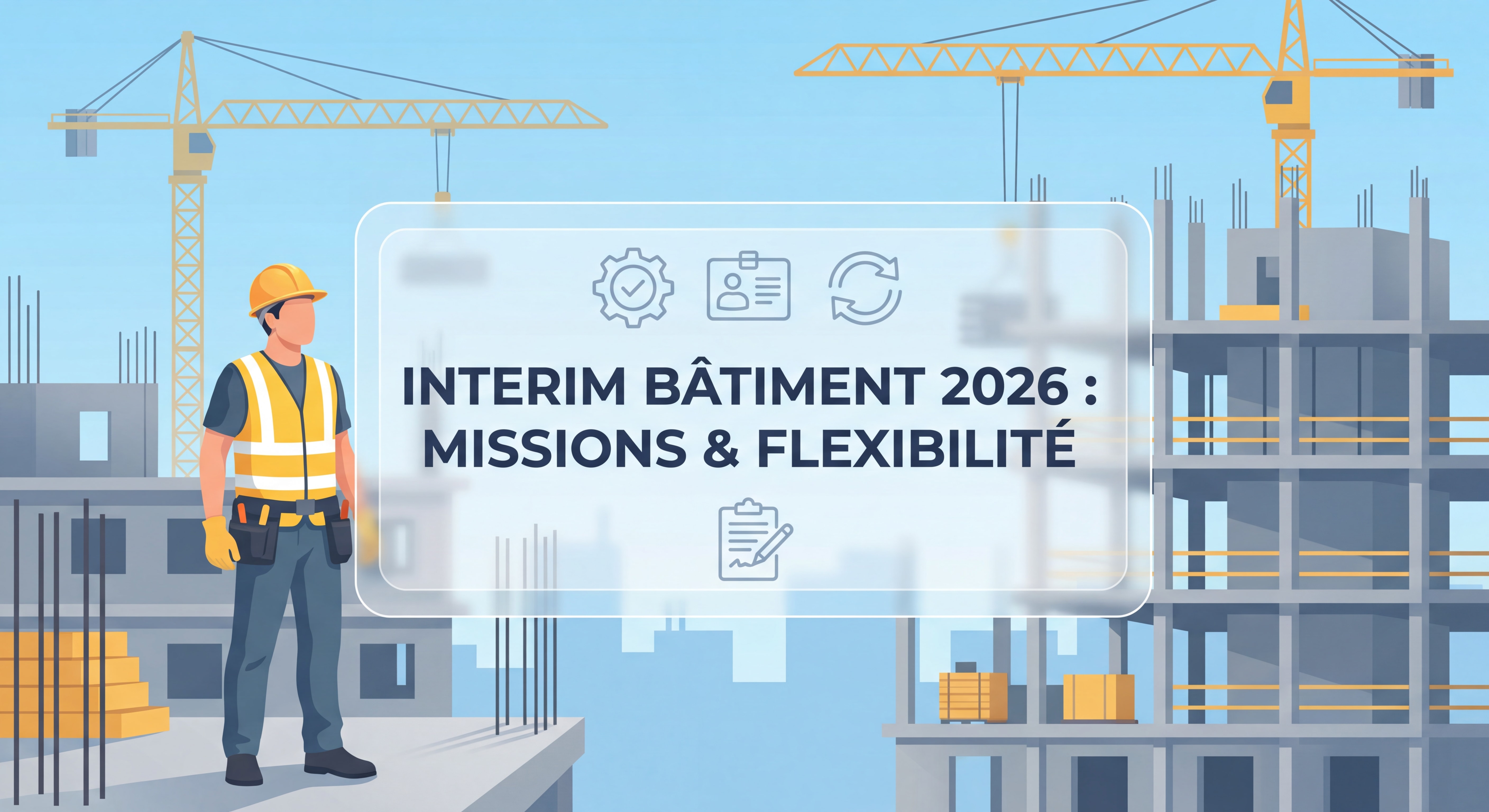 Ouvrier BTP en tenue de sécurité sur un chantier de gros œuvre, avec casque et gilet jaune, symbolisant les missions intérim dans le bâtiment en 2026