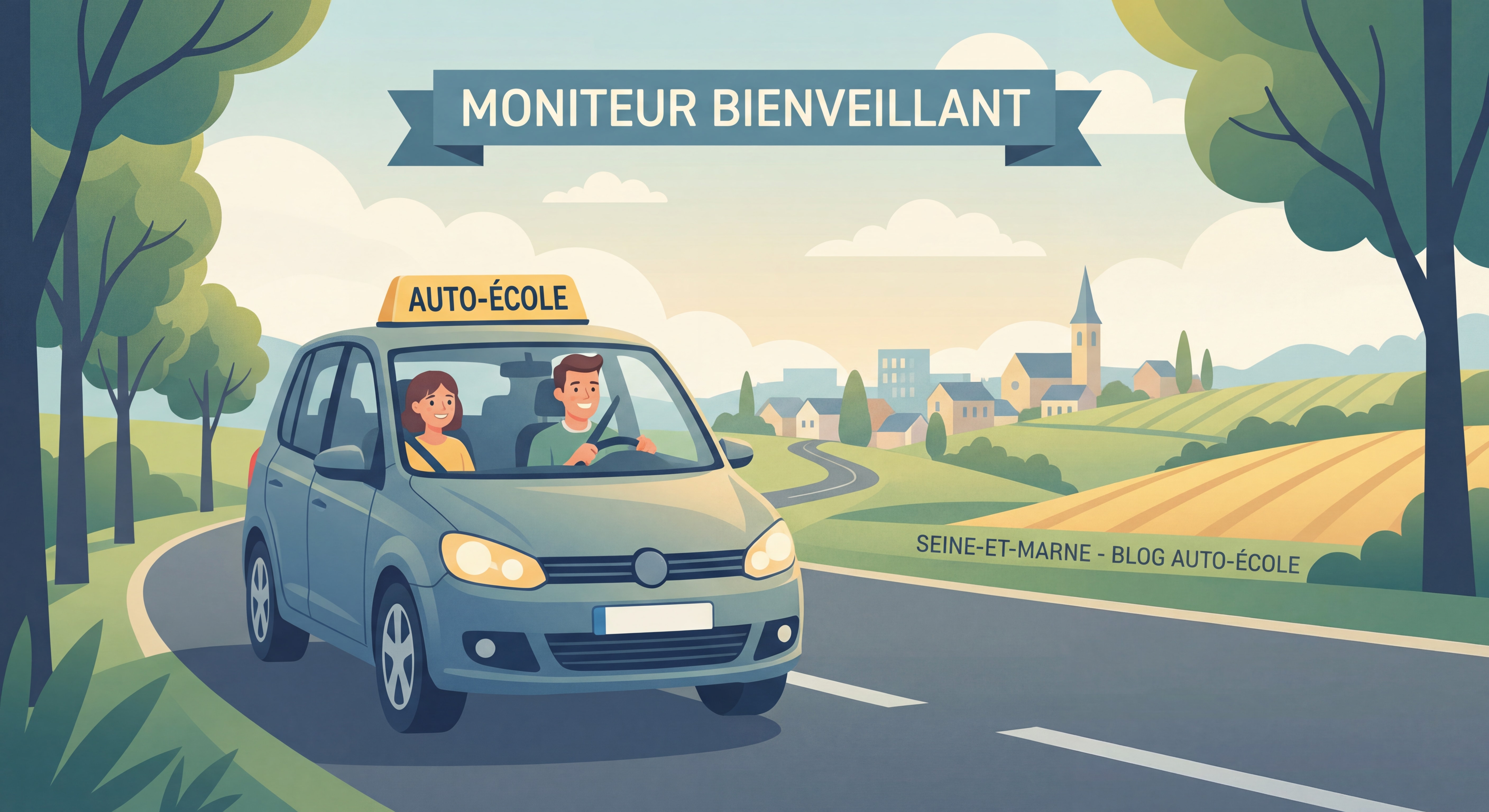 Moniteur auto-école souriant avec un élève dans un véhicule d'auto-école, ambiance professionnelle et bienveillante, Seine-et-Marne