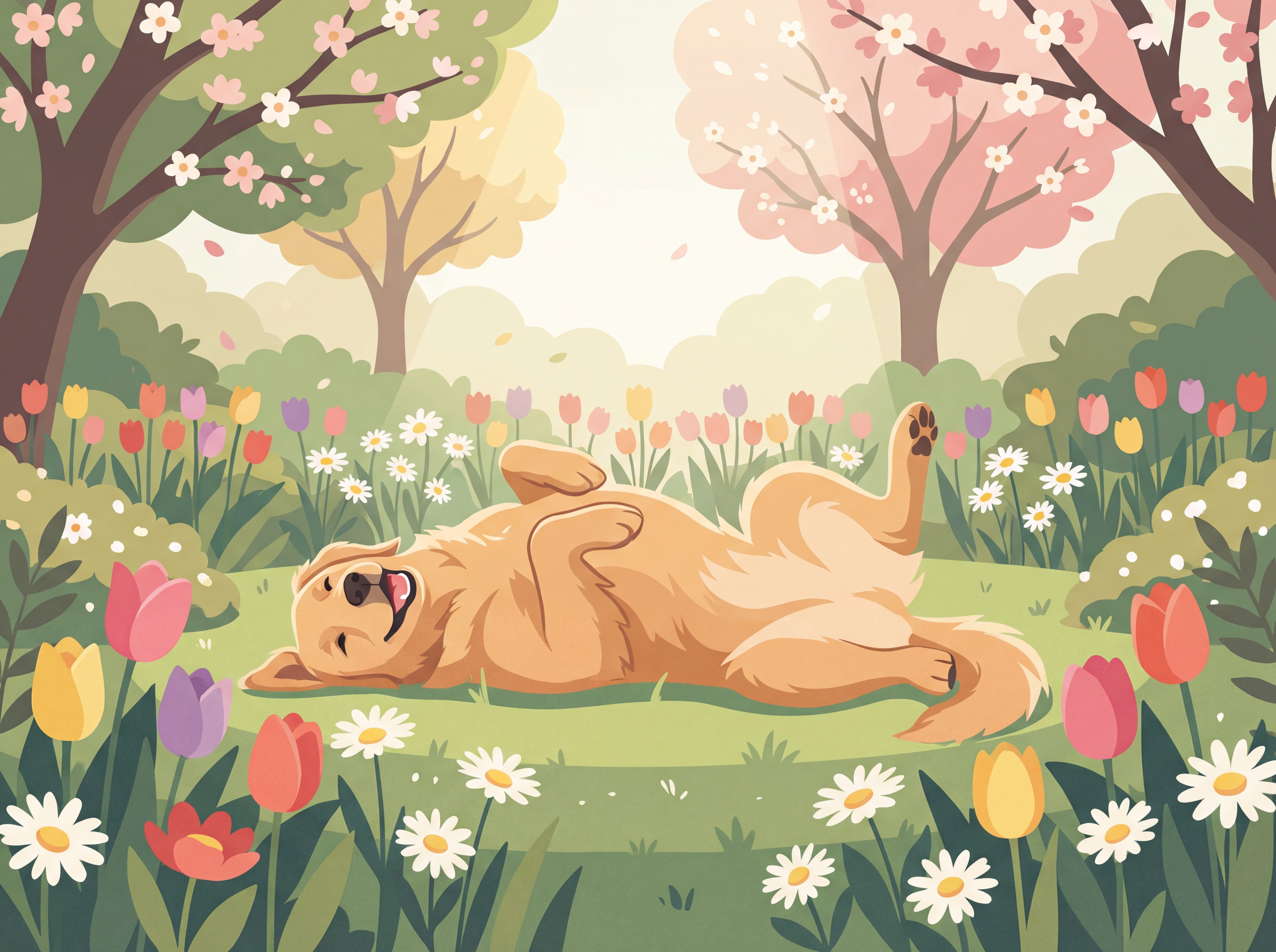 chien golden retriever qui se gratte le ventre dans un jardin fleuri au printemps