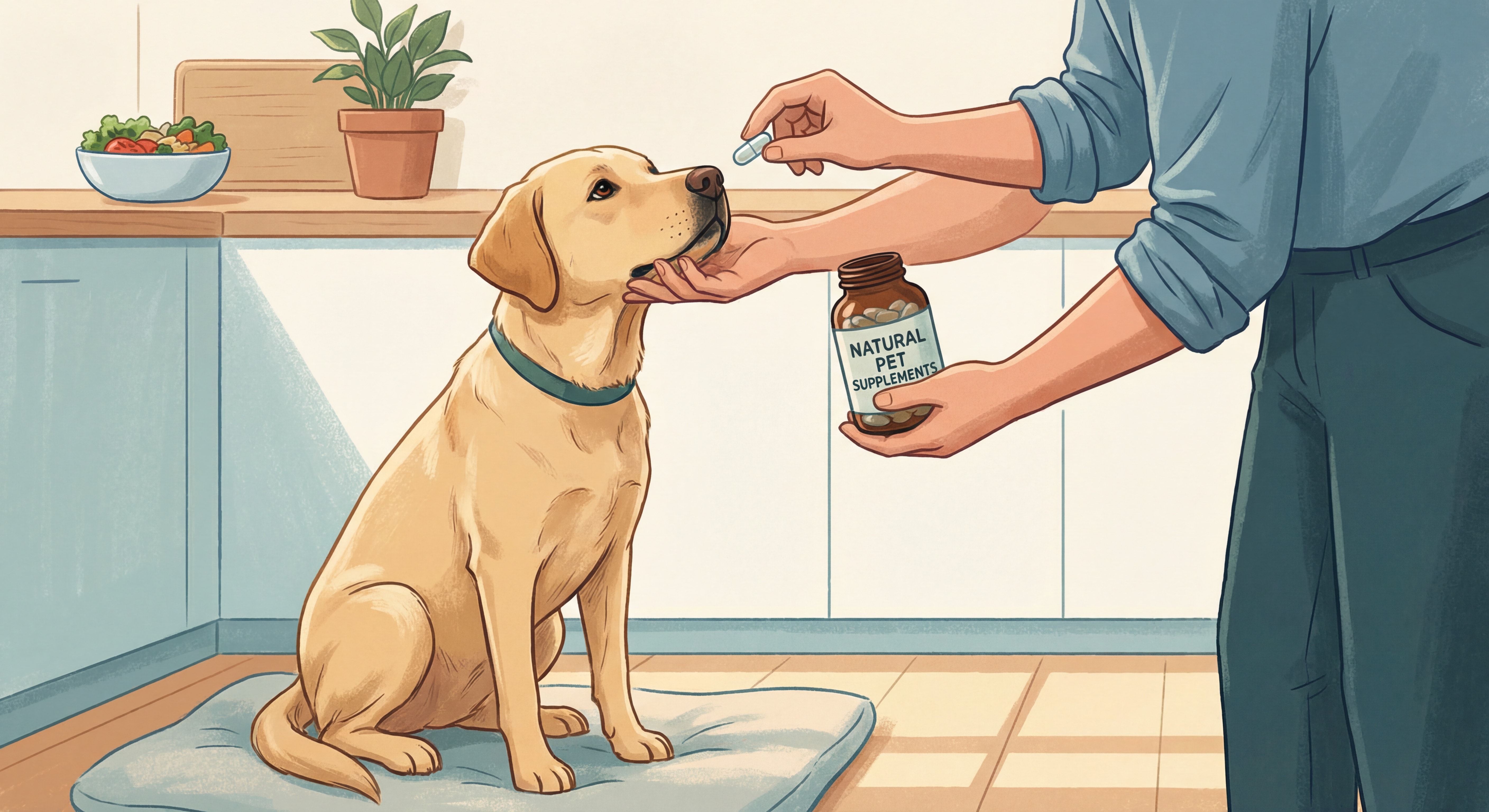 propriétaire qui administre des compléments naturels en gélules à son chien labrador