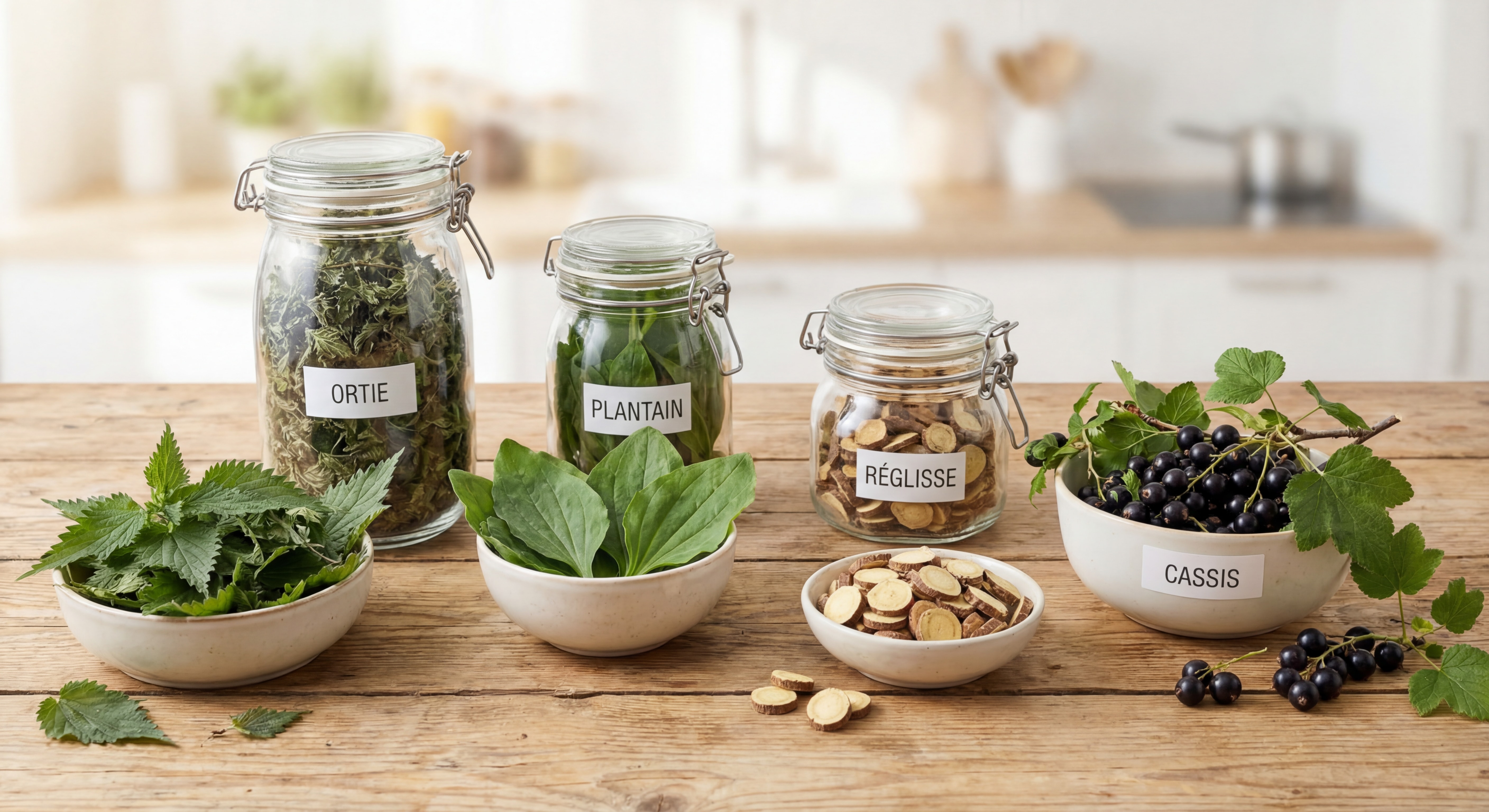collection de plantes médicinales anti-allergiques ortie plantain réglisse cassis disposées sur une table en bois