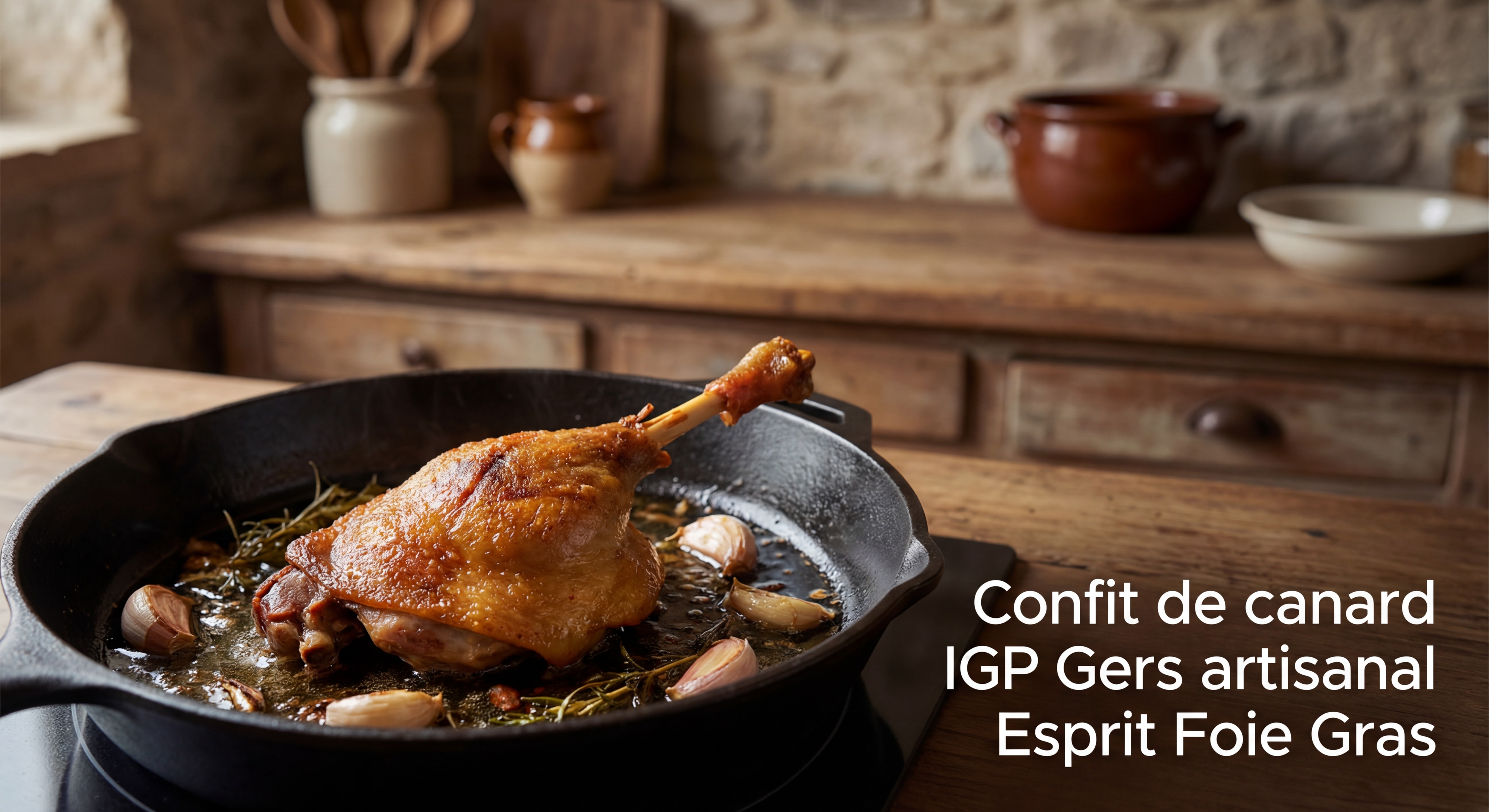 Cuisse de canard confite dorée et croustillante dans une poêle en fonte, avec fond de cuisine rustique du Sud-Ouest français — confit de canard IGP Gers artisanal Esprit Foie Gras