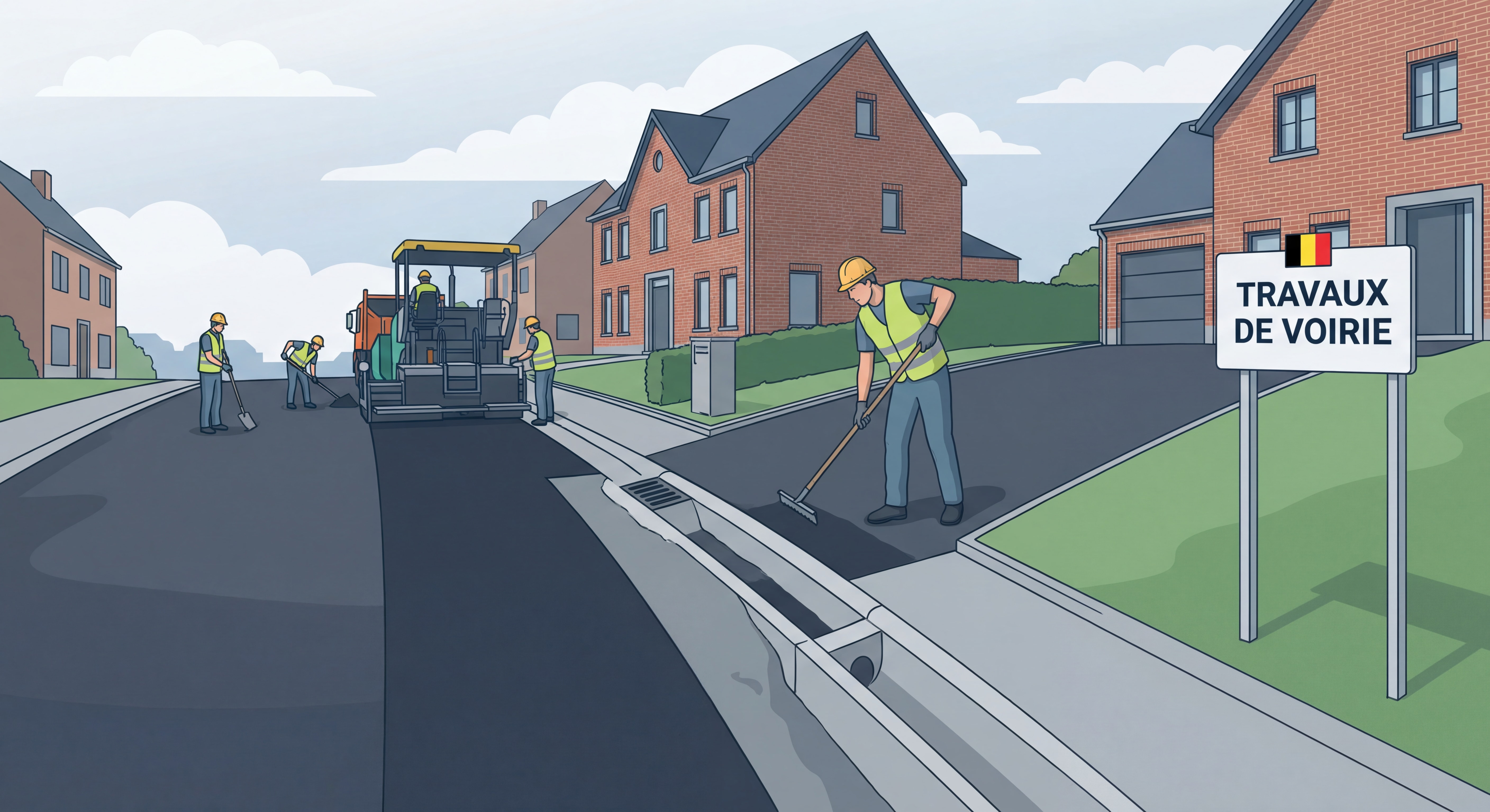 Allée en pente en enrobé avec caniveau de collecte intégré — travaux de voirie en Belgique