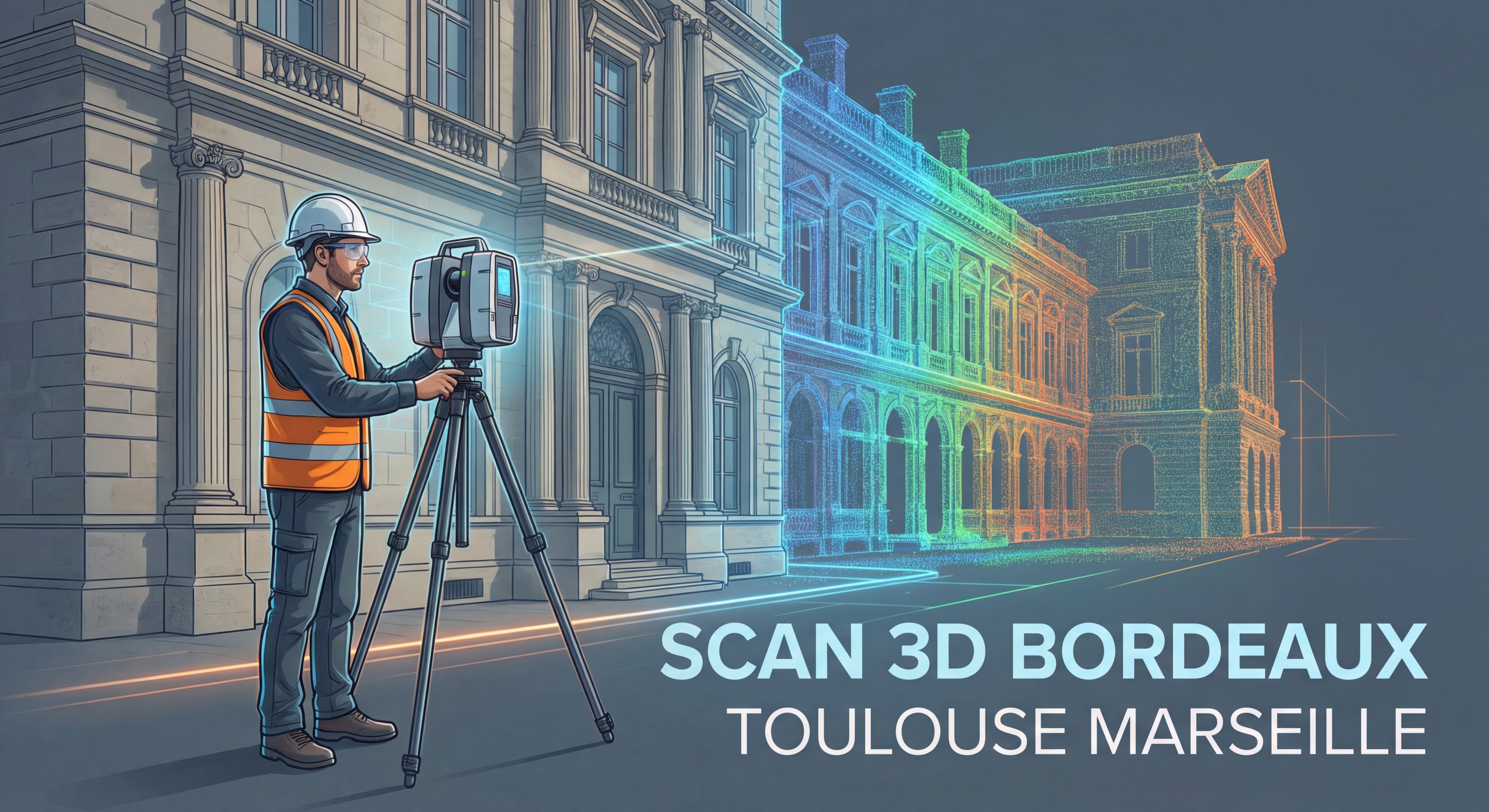 Technicien réalisant un scan 3D laser d'un bâtiment avec nuage de points coloré en arrière-plan - scan 3D Bordeaux Toulouse Marseille
