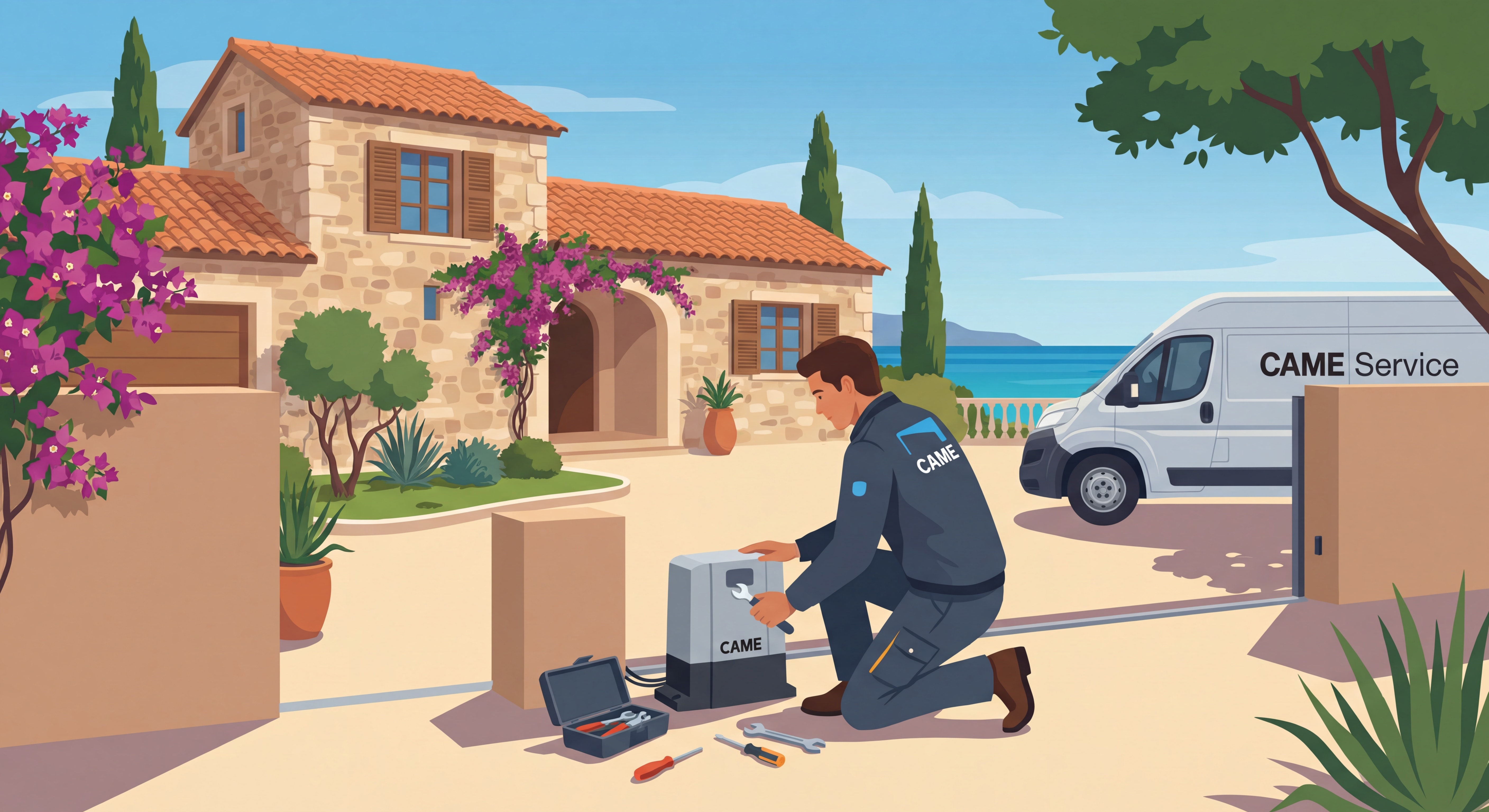 Quand le Portail Tombe en Panne à Marseille : 4 Cas Clients Réels et Ce Qu'ils Ont Appris Technicien en train de réparer un moteur de portail coulissant CAME devant une villa marseillaise