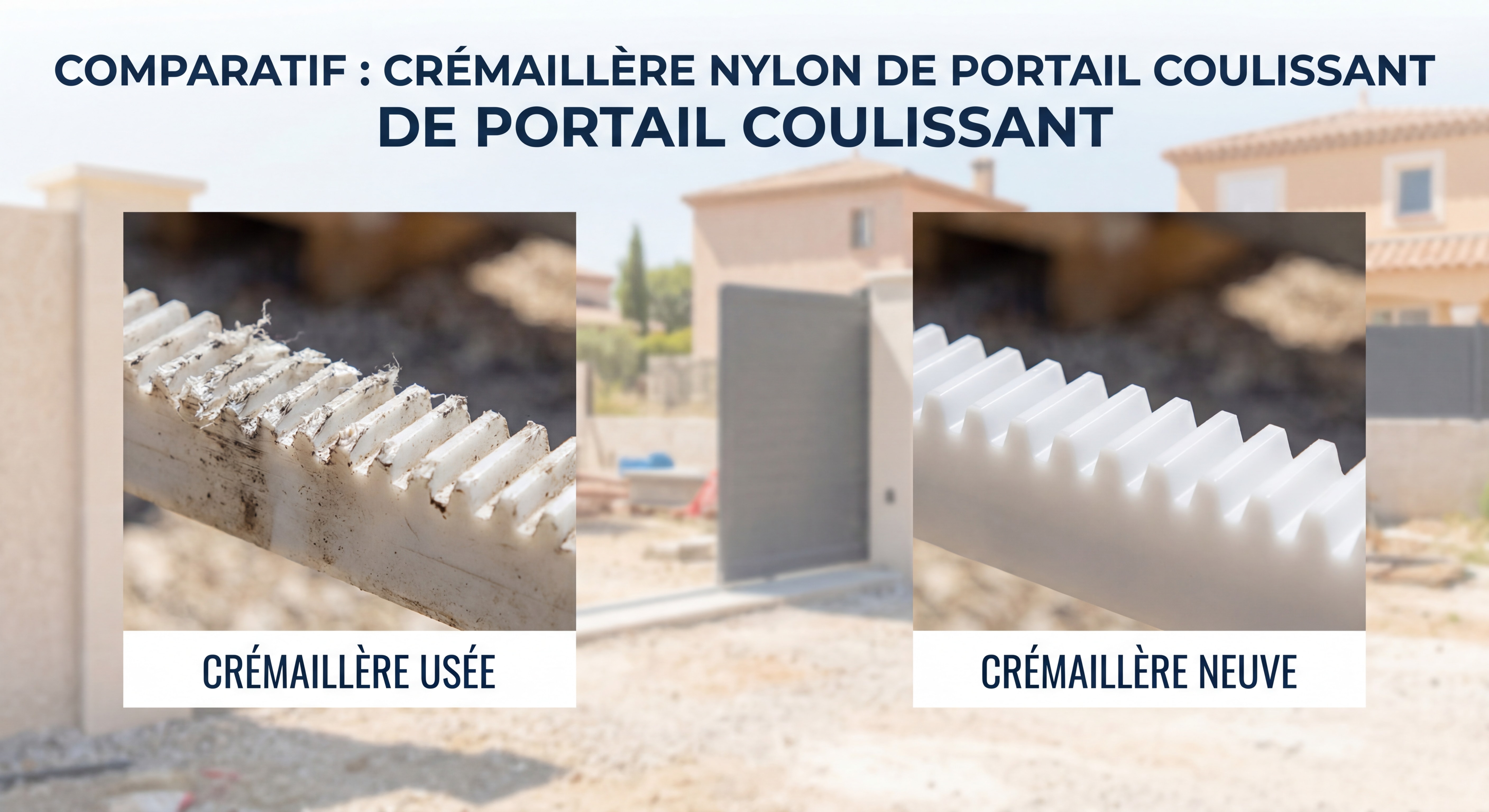 Crémaillère nylon de portail coulissant usée comparée à une crémaillère neuve, chantier Marseille