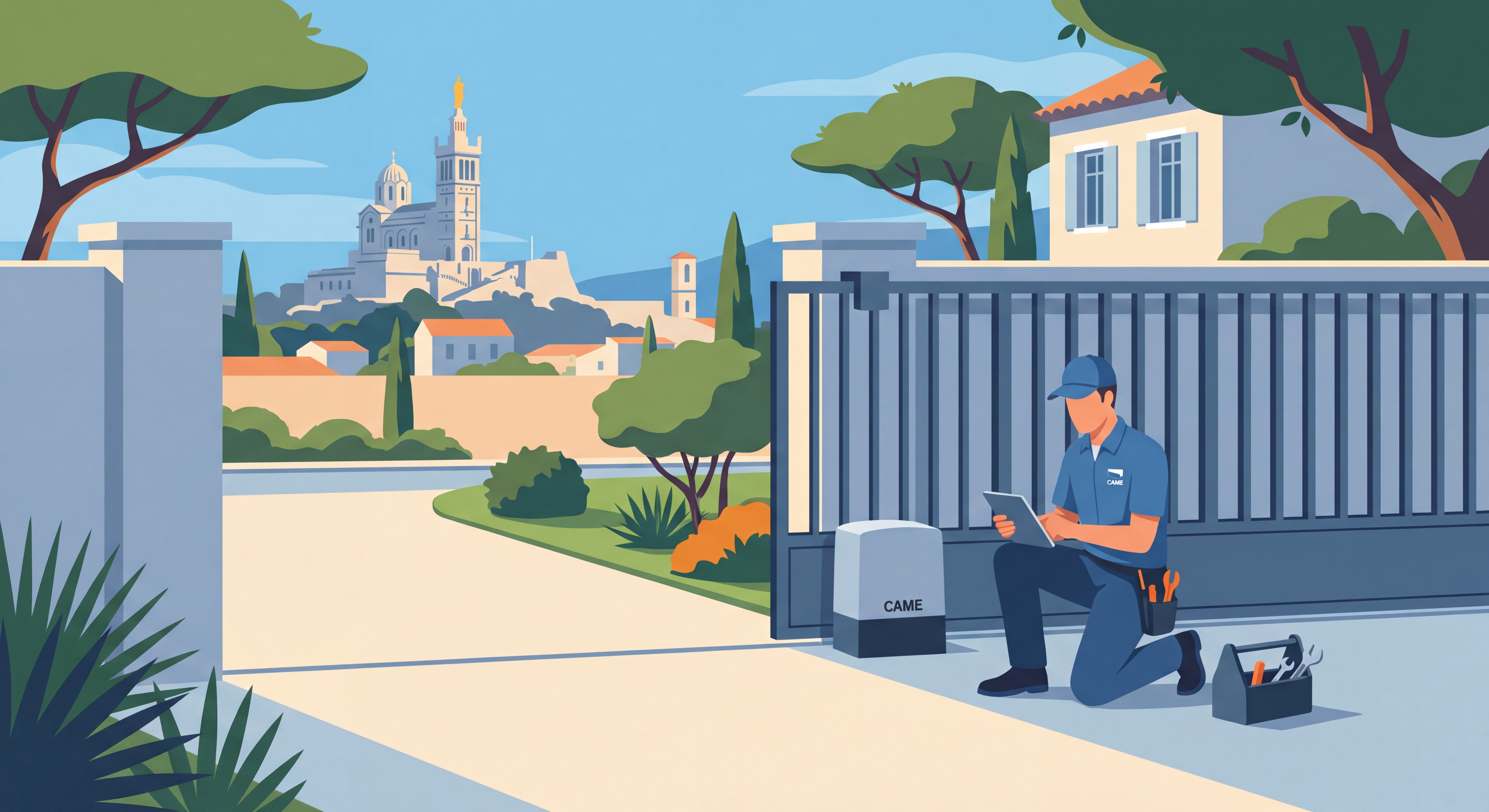 Technicien professionnel en train de diagnostiquer un moteur de portail CAME coulissant à Marseille