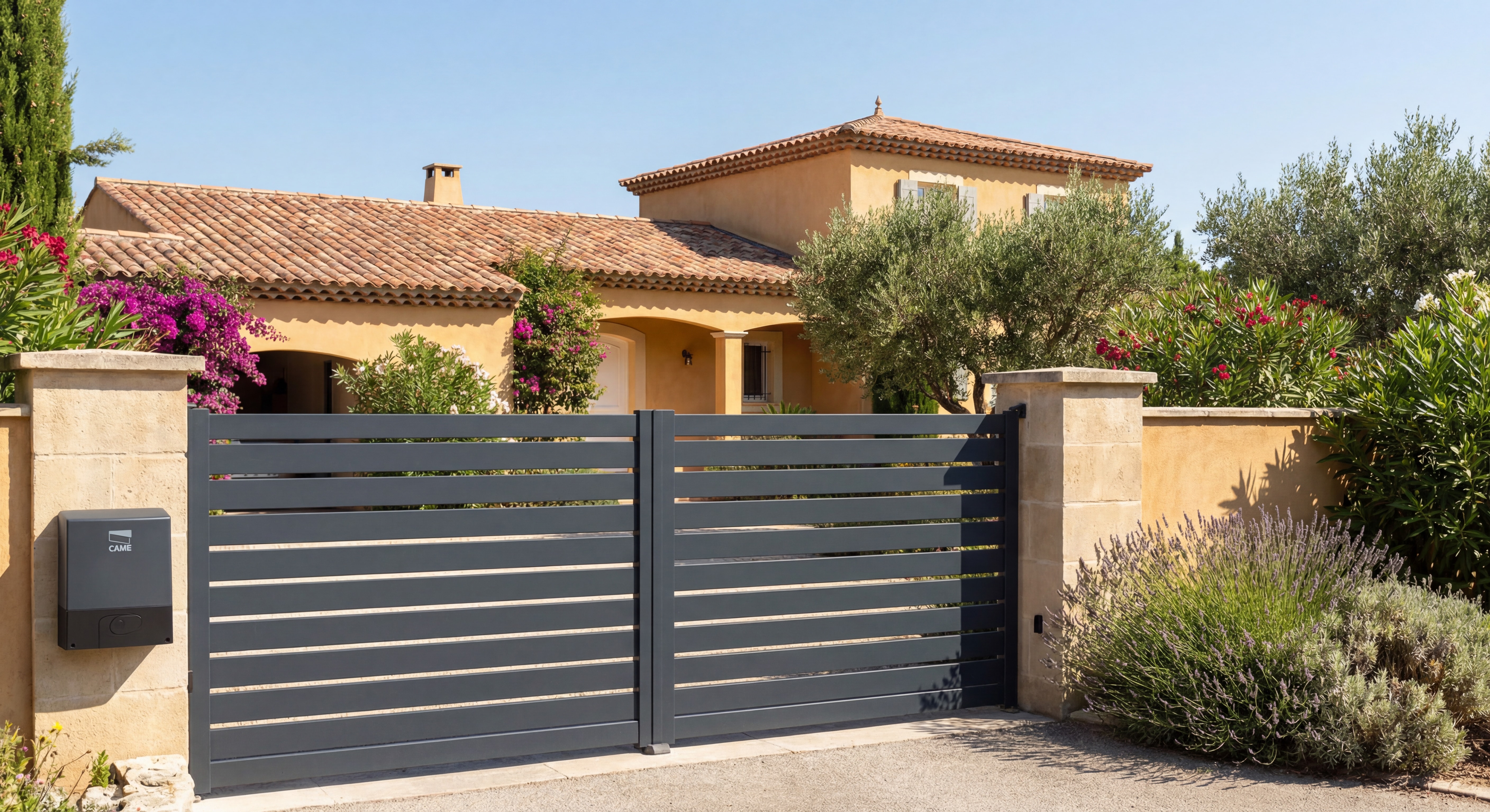 Portail aluminium sur mesure motorisé avec boîtier CAME installé, maison marseillaise avec végétation méditerranéenne