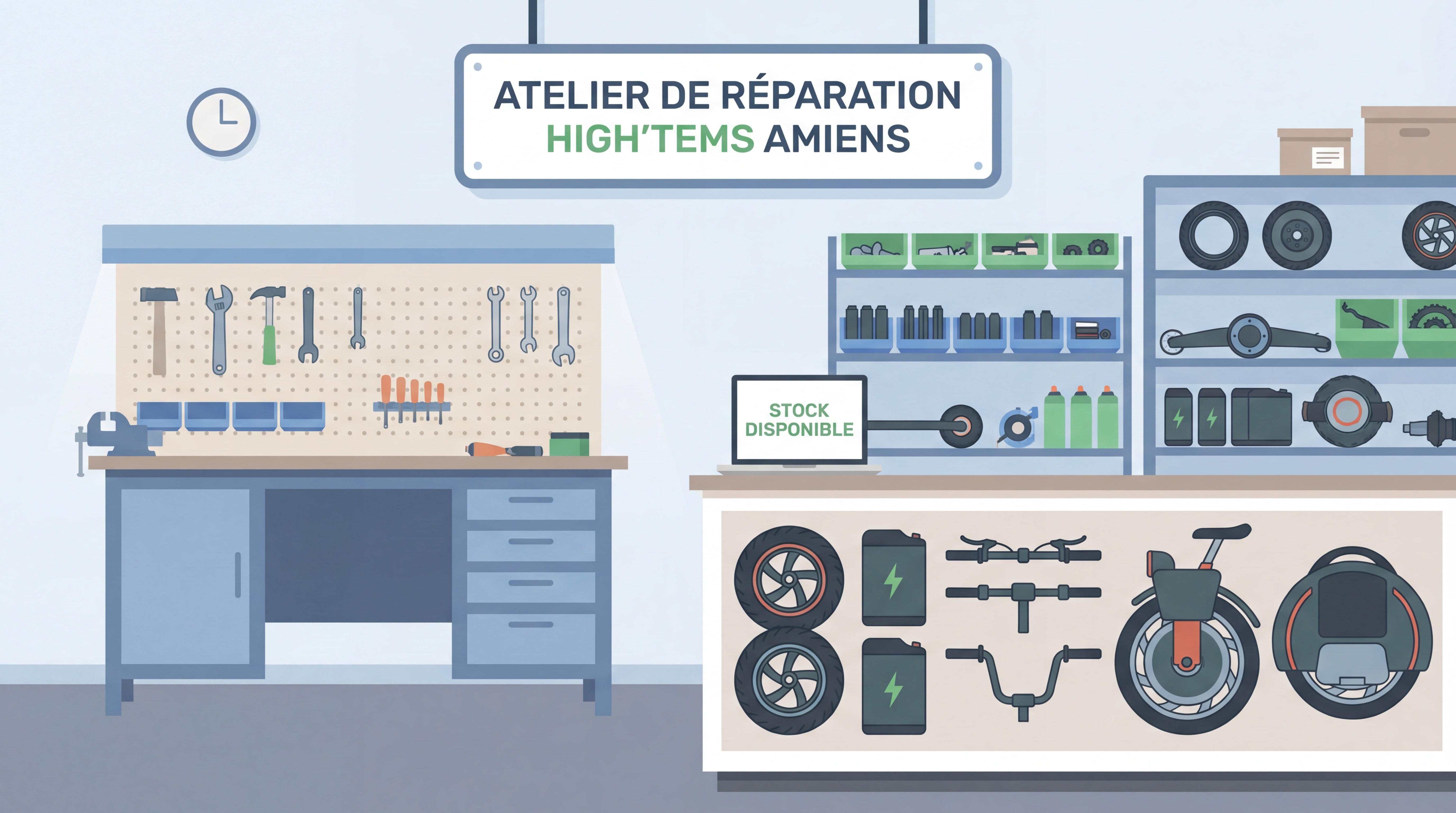 Atelier de réparation High'tems Amiens avec pièces détachées trottinettes électriques et gyroroues en stock