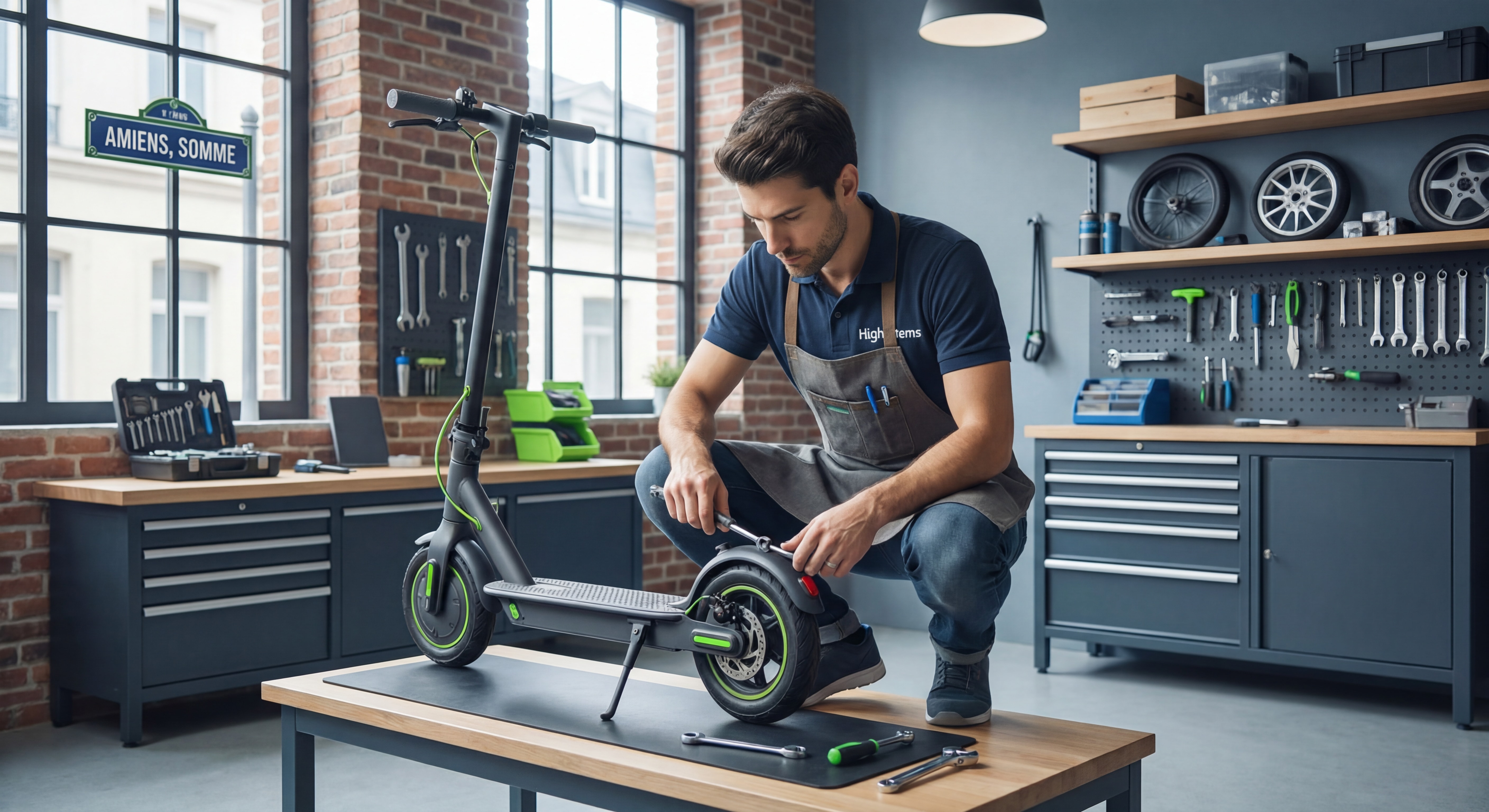 Technicien High'tems réparant une trottinette électrique dans l'atelier à Amiens, Somme