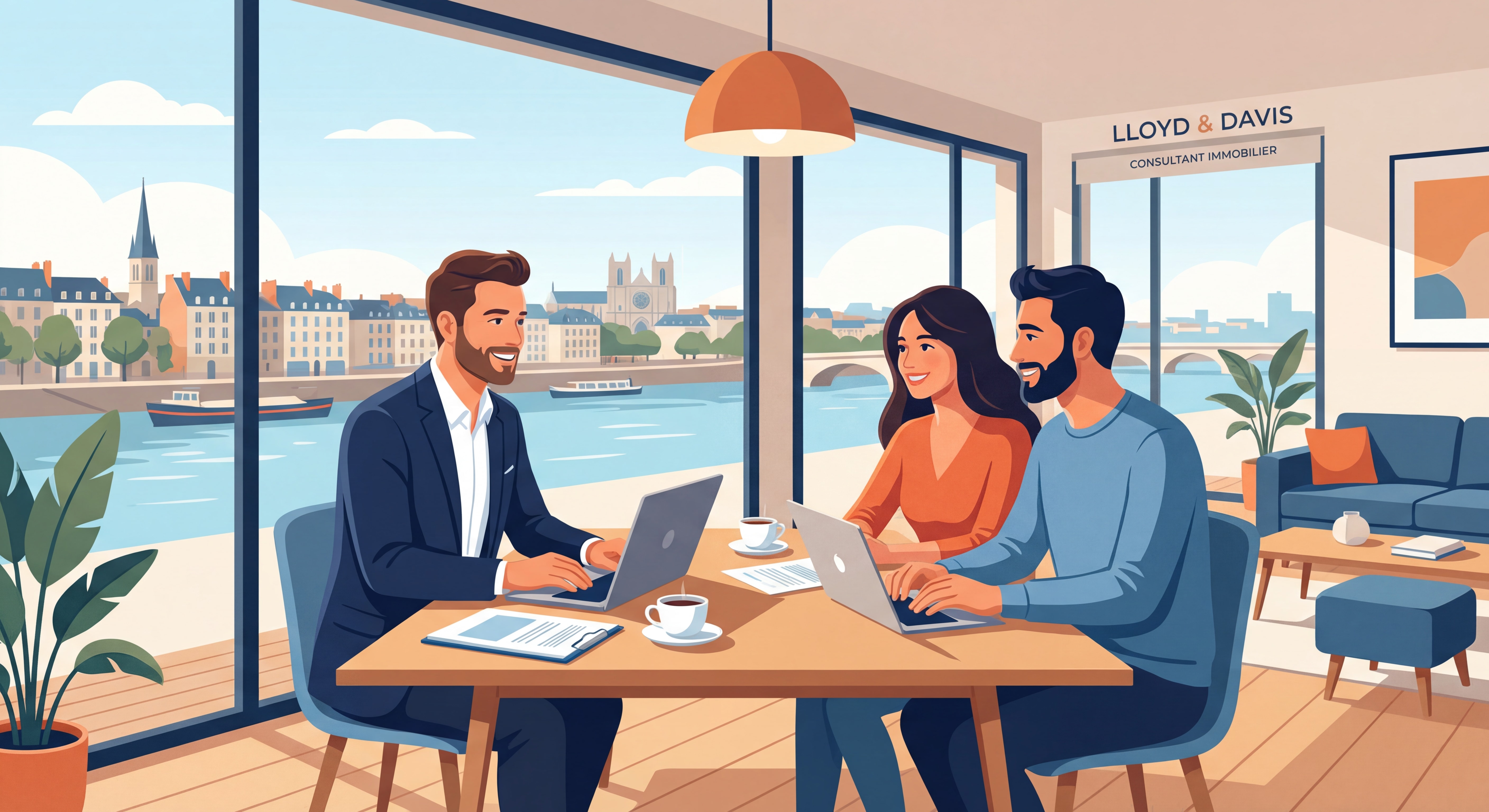Consultant immobilier Lloyd & Davis en rendez-vous avec des propriétaires vendeurs à Nantes, ambiance professionnelle et conviviale