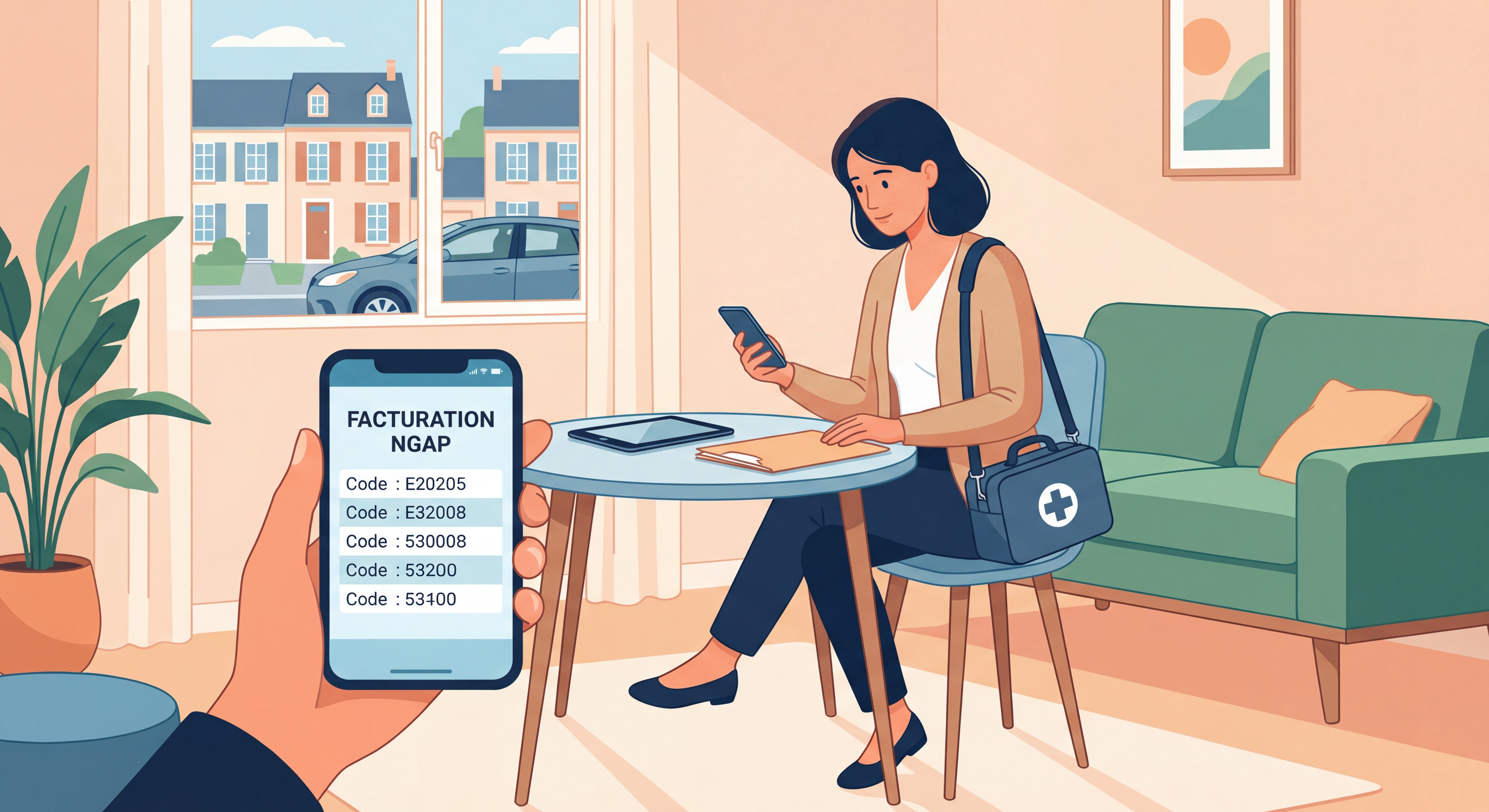 Infirmière libérale en tournée à domicile consultant son téléphone pour gérer sa facturation NGAP