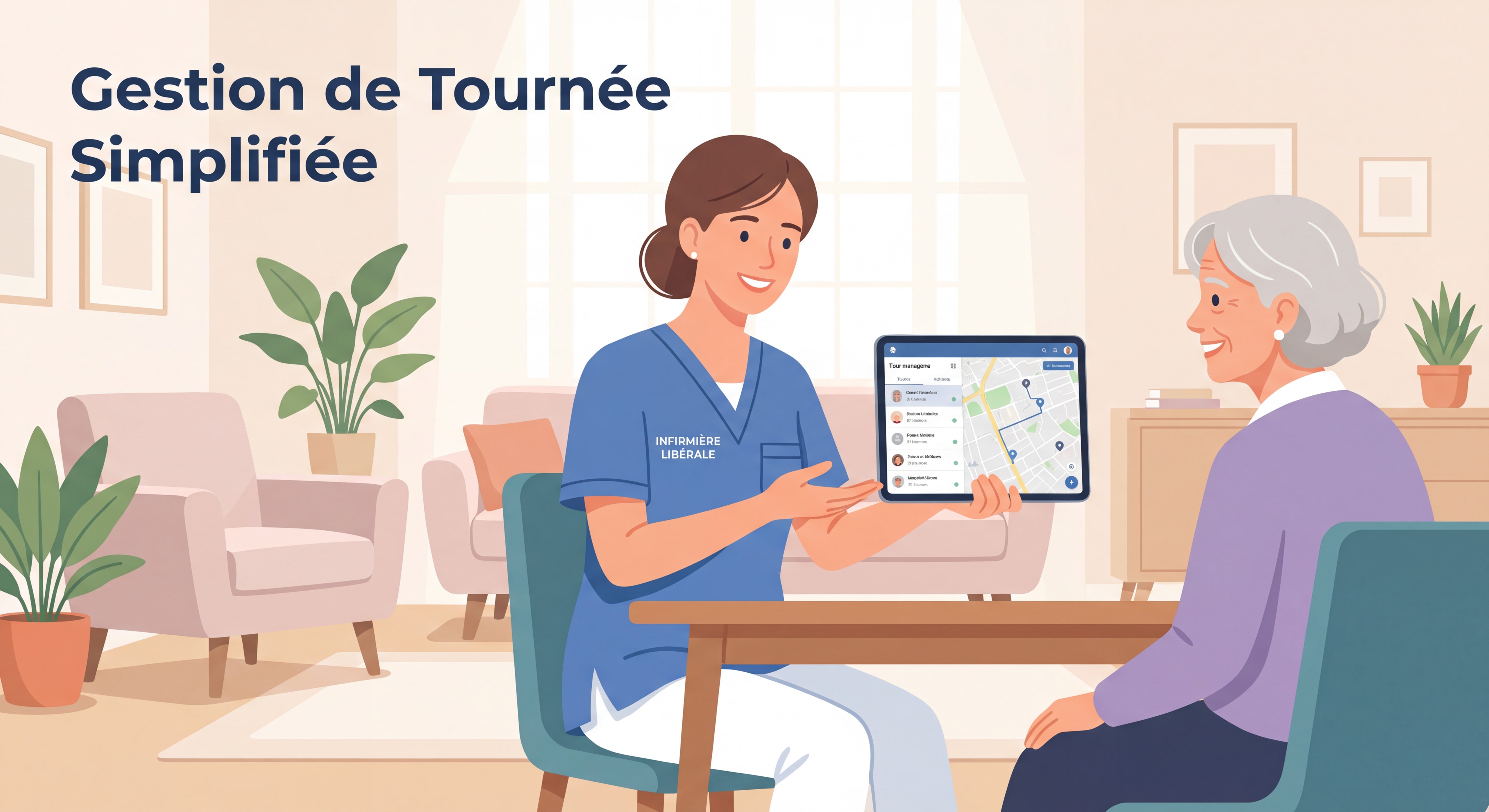 Infirmière libérale souriante utilisant une application mobile de gestion de tournée sur tablette lors d'une visite à domicile