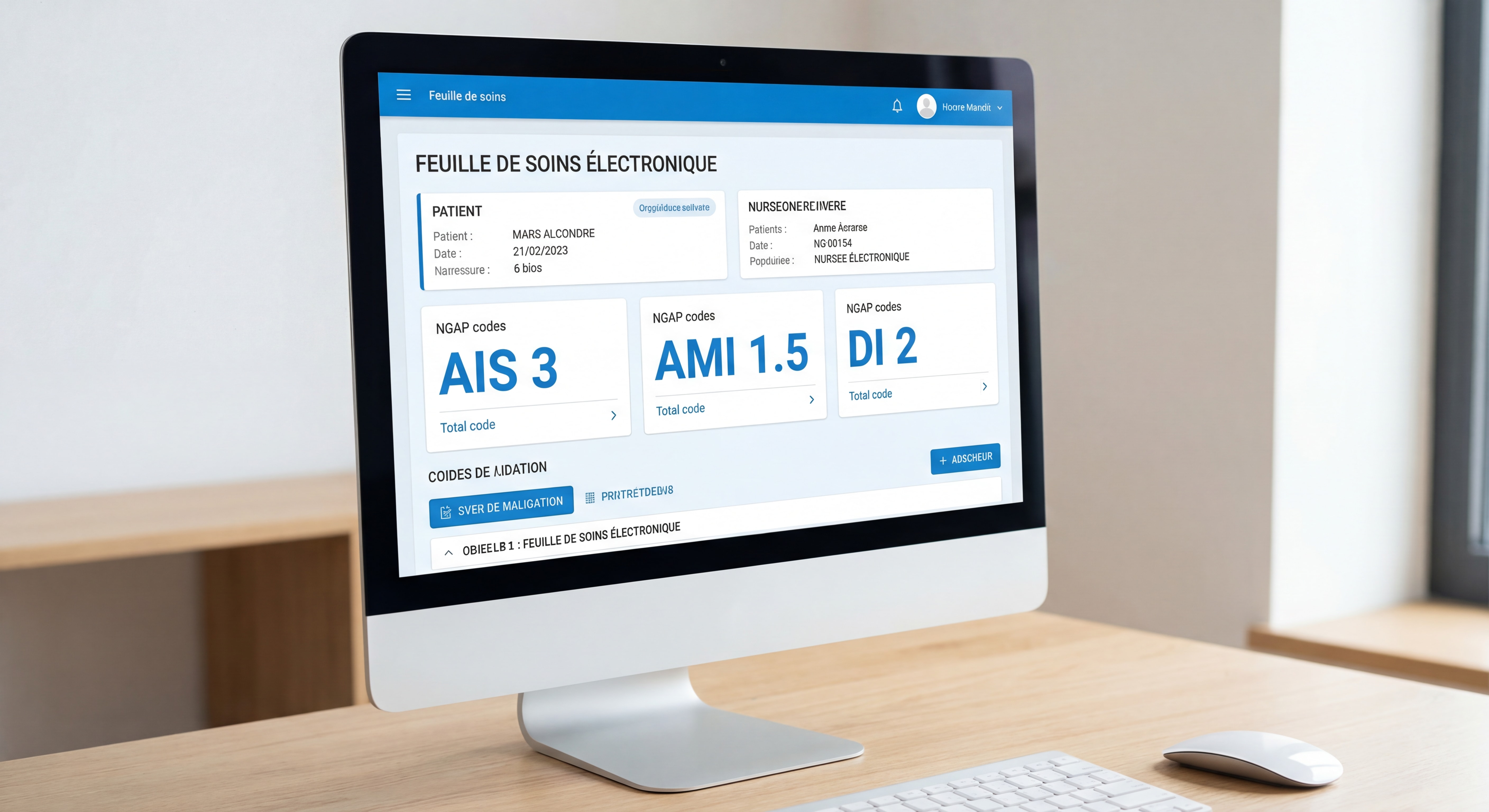 Gros plan sur un écran d'ordinateur affichant une feuille de soins électronique avec des codes de cotation NGAP infirmière