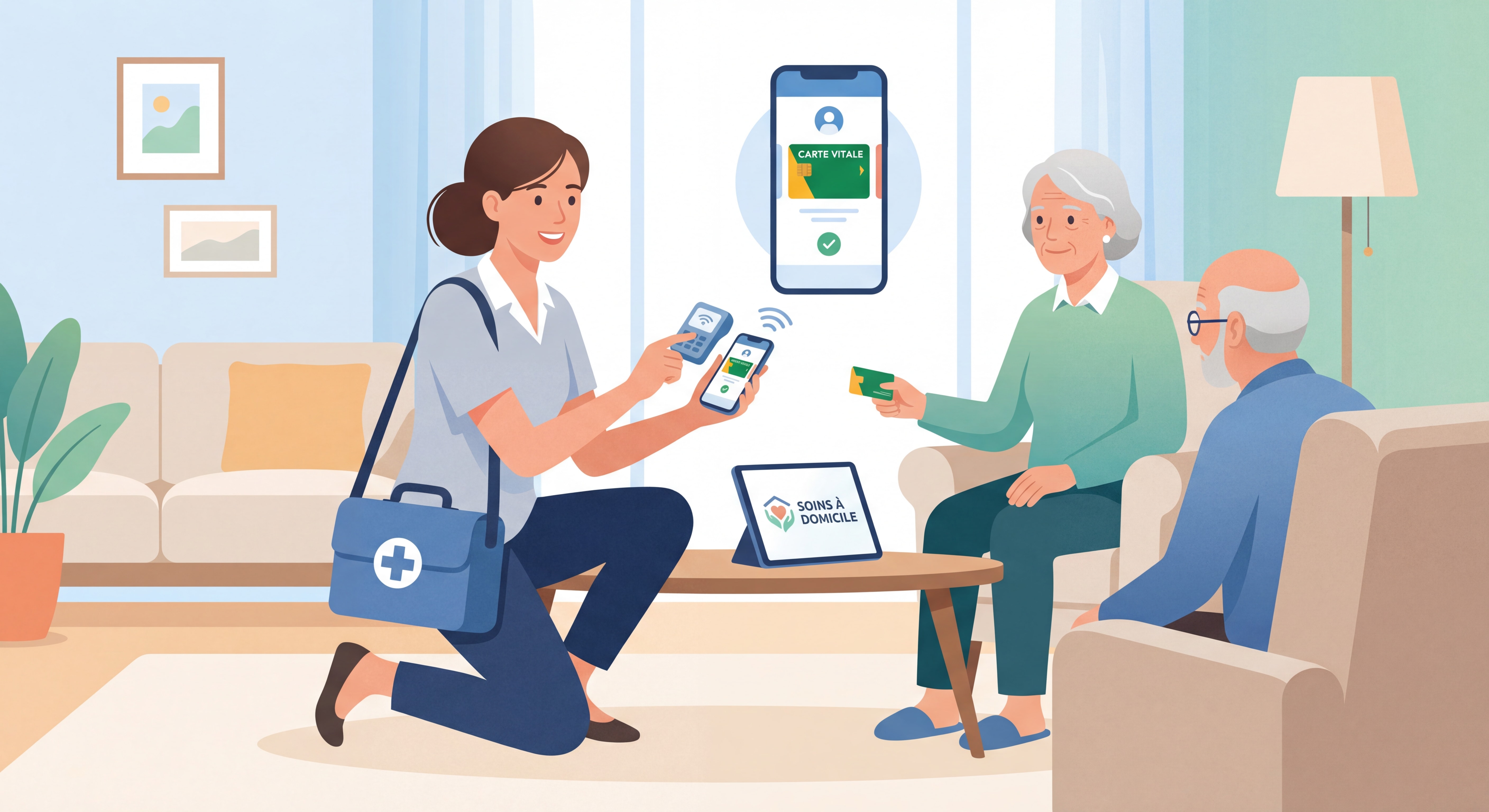 Infirmière libérale utilisant un lecteur de carte Vitale Bluetooth connecté à son smartphone lors d'une tournée à domicile