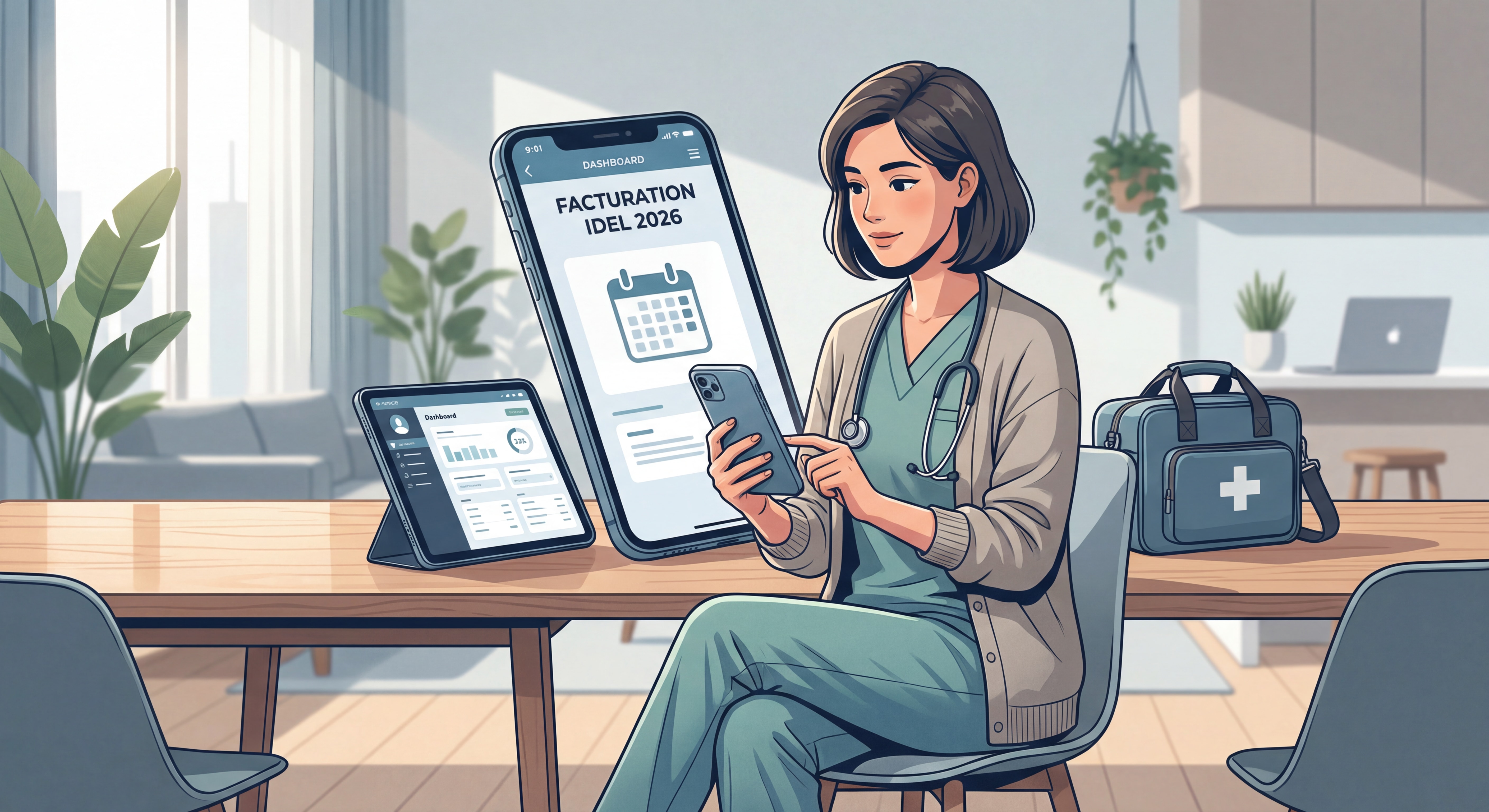 Infirmière libérale à domicile consultant son smartphone pour gérer sa facturation IDEL en 2026