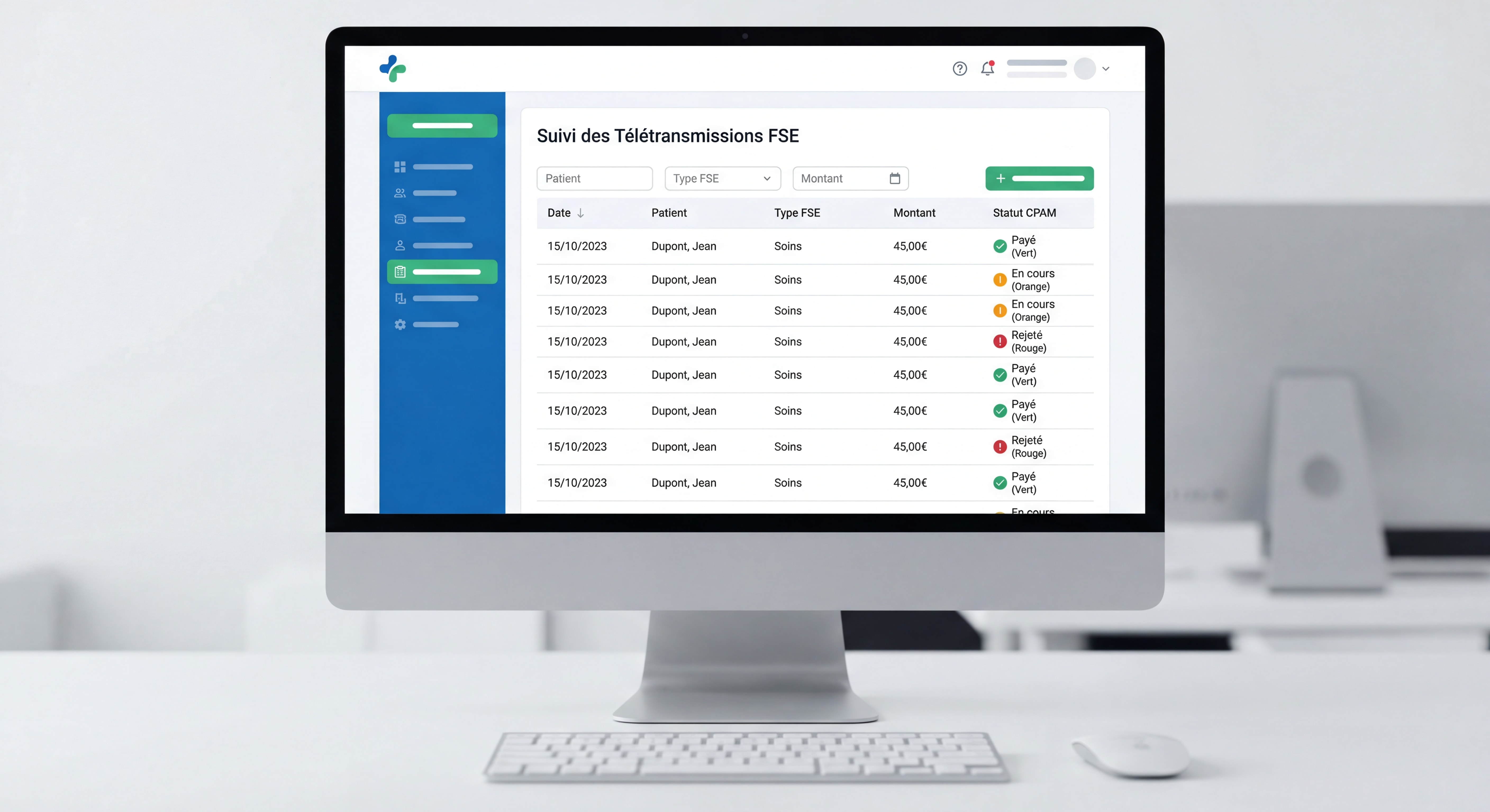 Gros plan sur un écran d'ordinateur affichant un tableau de bord de suivi de télétransmissions FSE avec des statuts de paiement CPAM