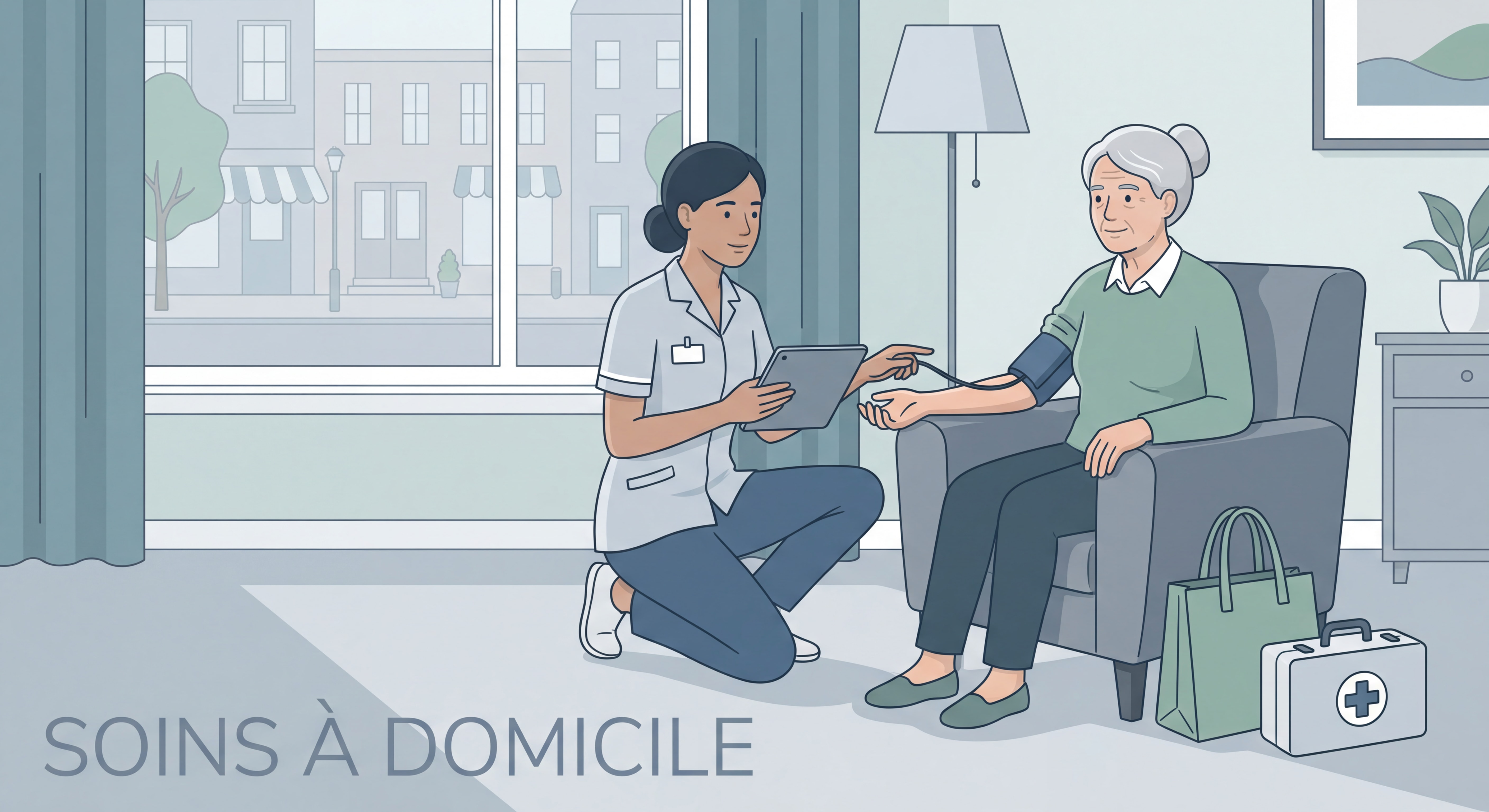 Infirmière libérale en consultation à domicile avec une patiente âgée, sereine et concentrée sur le soin