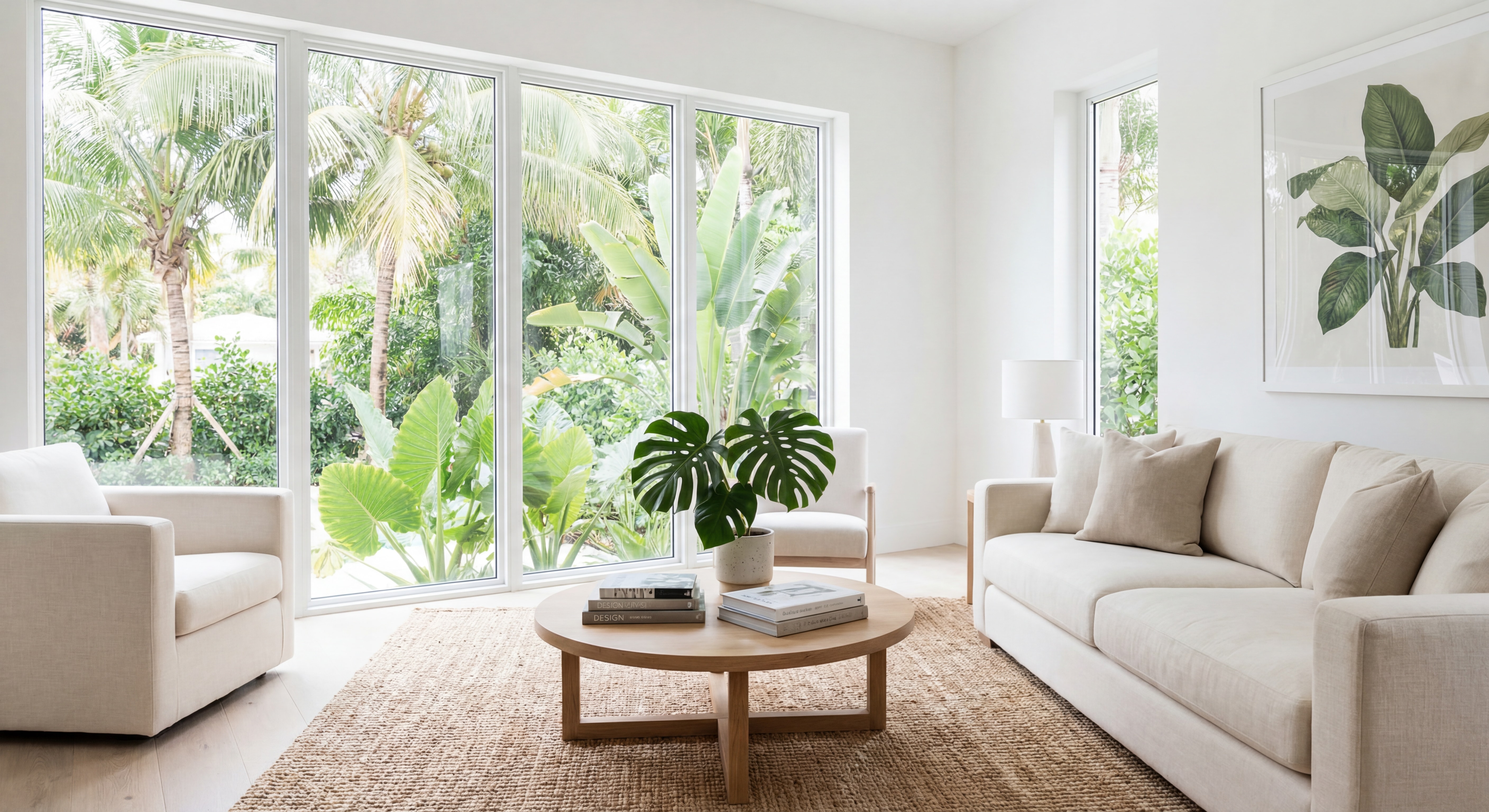 Beautifully staged South Florida living room with neutral decor, natural light, and tropical landscaping visible through large impact windows