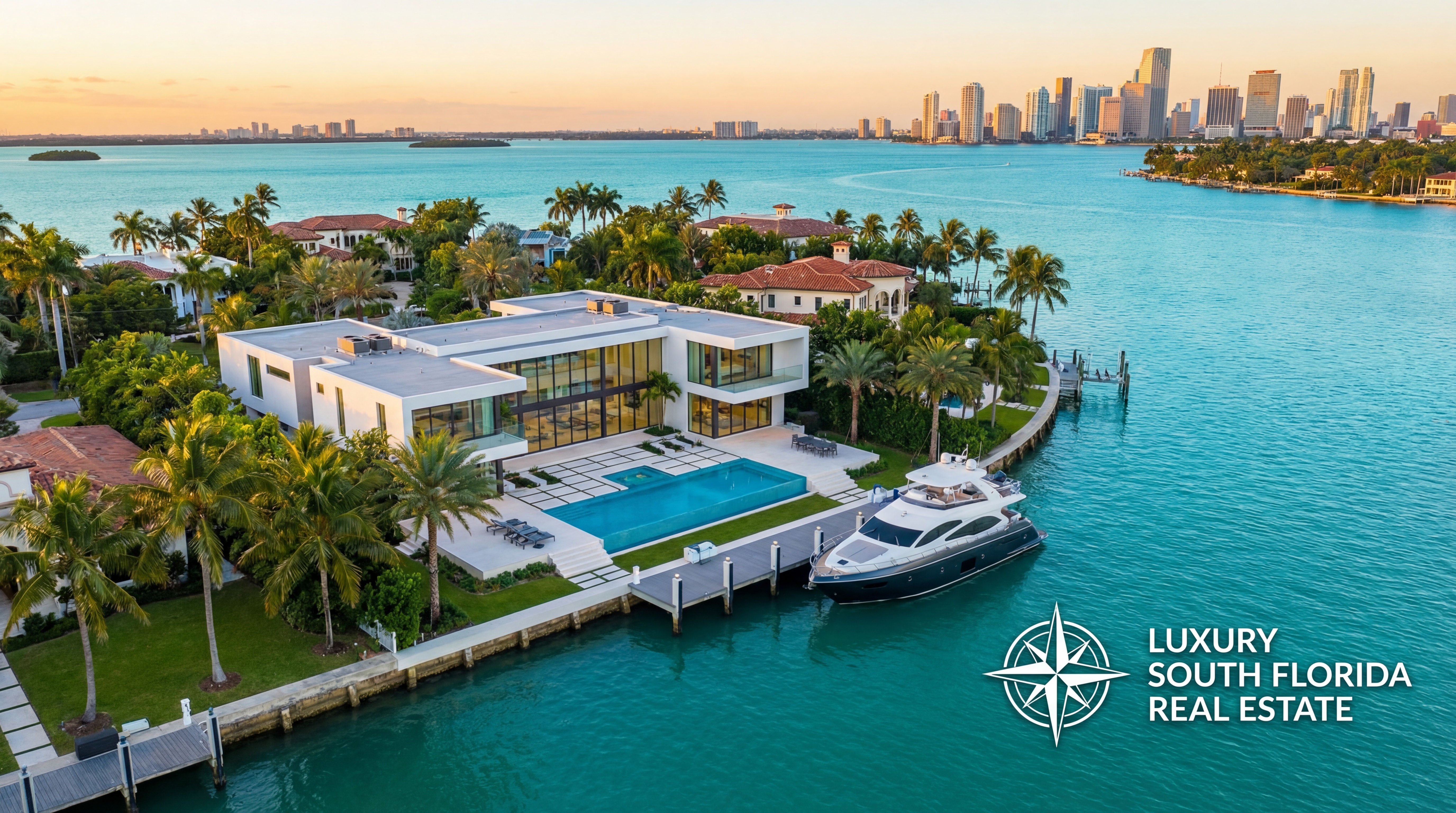 Aerial view of a luxury waterfront home in Miami-Dade County with Biscayne Bay in the background, representing South Florida real estate for sale