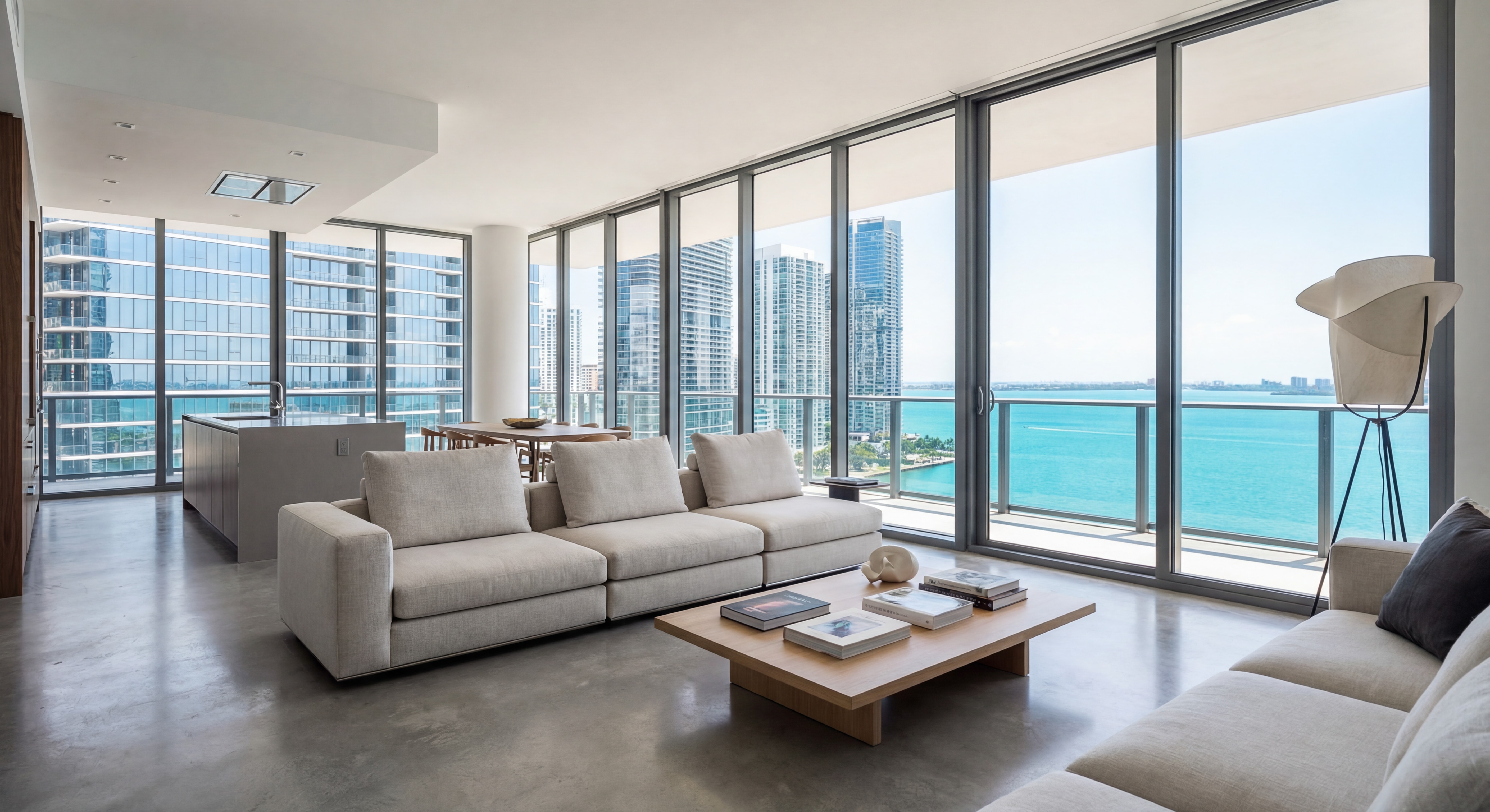 Modern luxury Brickell condo interior with floor-to-ceiling windows overlooking Biscayne Bay and the Miami skyline