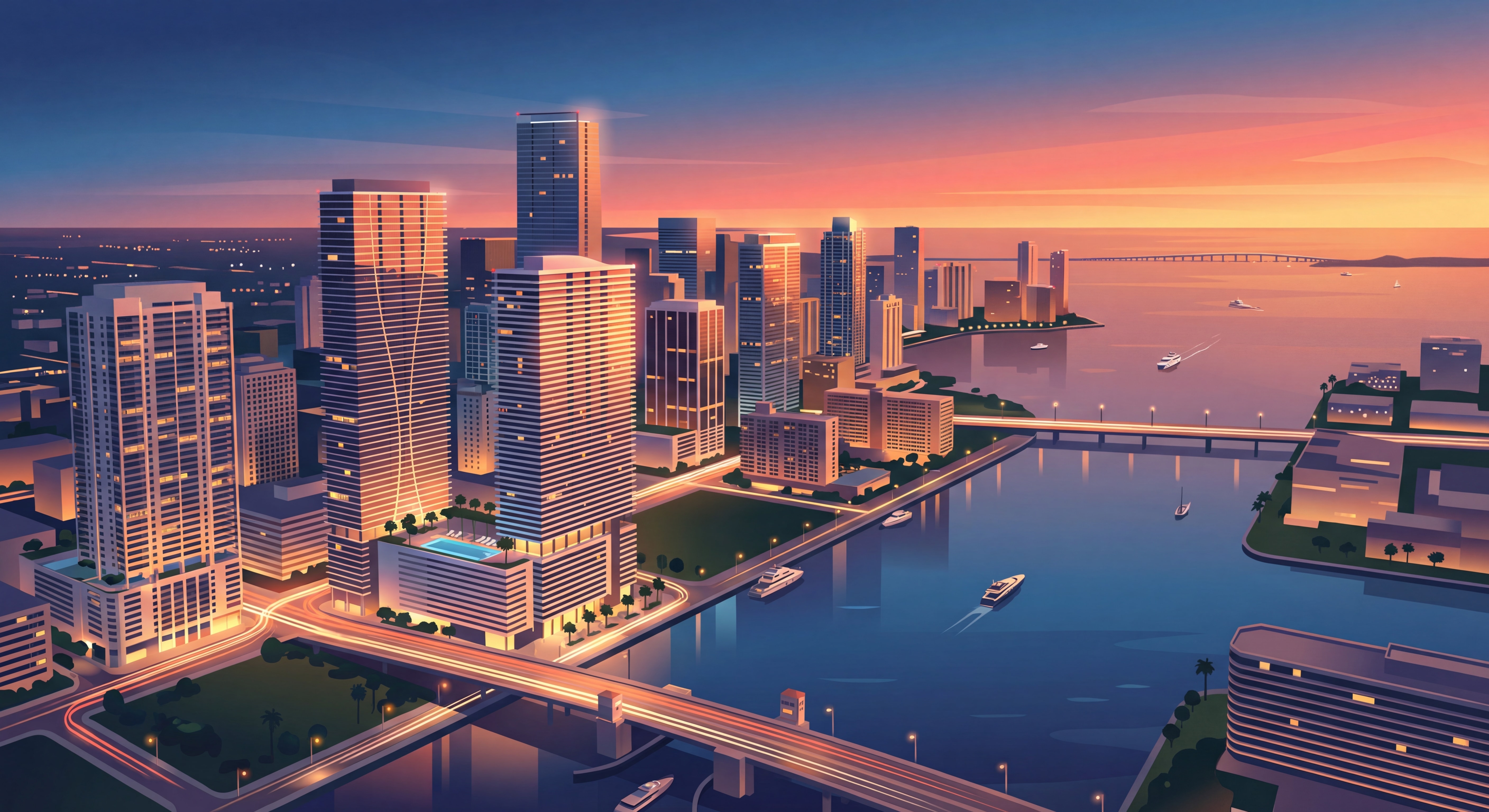 Aerial sunset view of Miami's luxury skyline with Brickell towers and Biscayne Bay waterfront illuminated at dusk