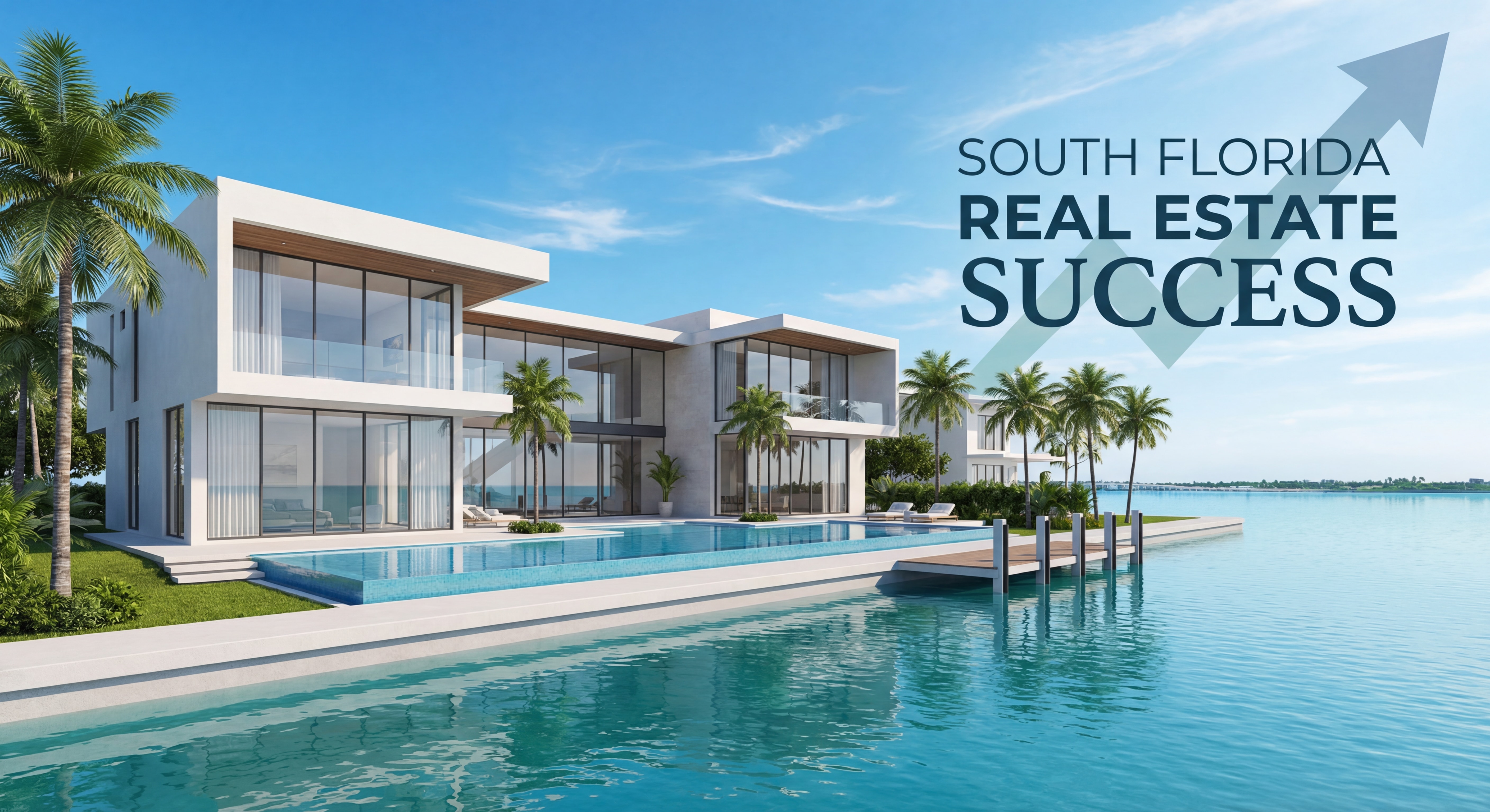 Stunning waterfront luxury home in Miami-Dade County with palm trees and blue sky reflecting South Florida real estate success