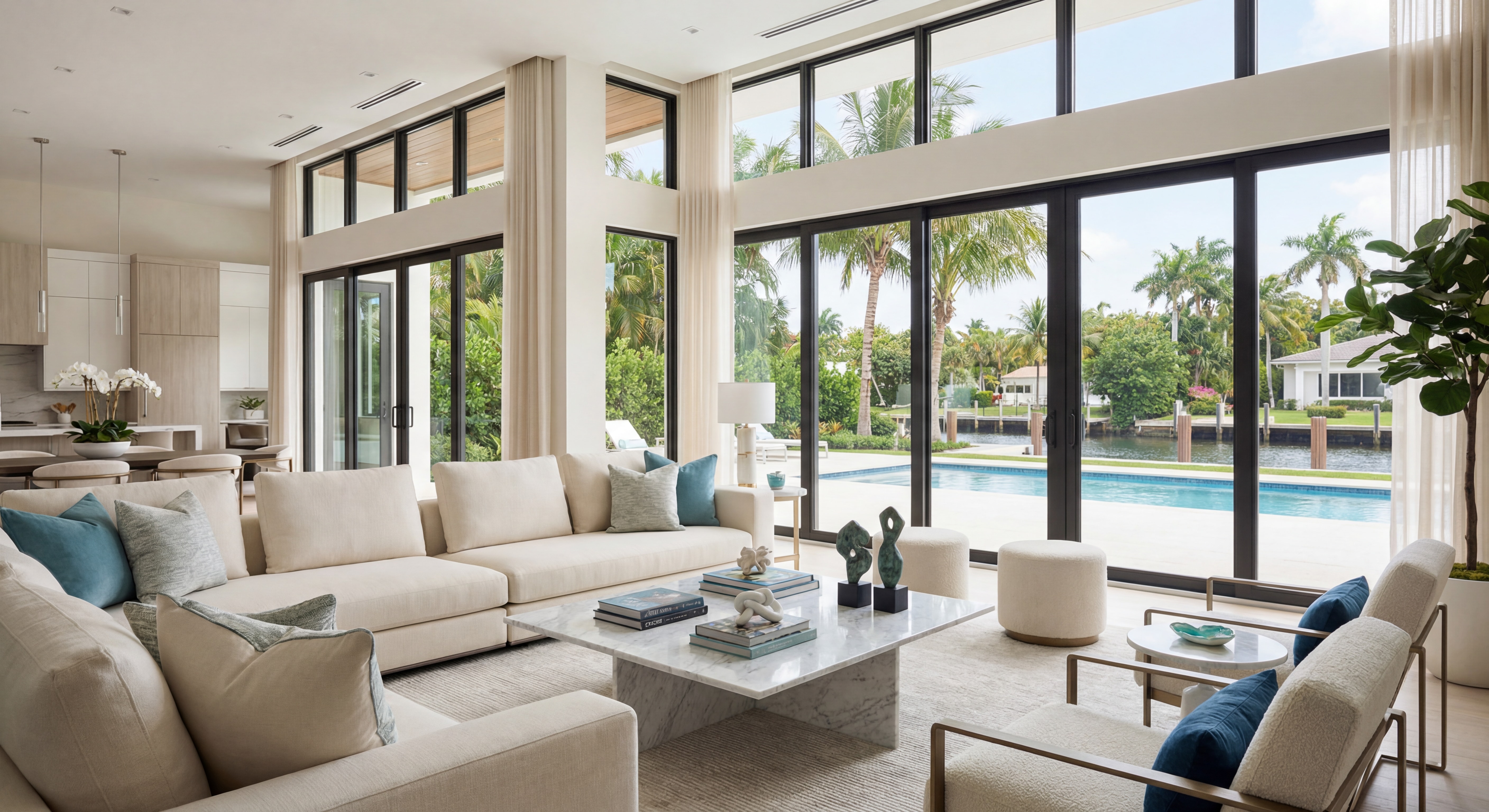 Professional home staging example in a South Florida luxury property with modern interiors, natural light, and tropical landscaping visible through large windows